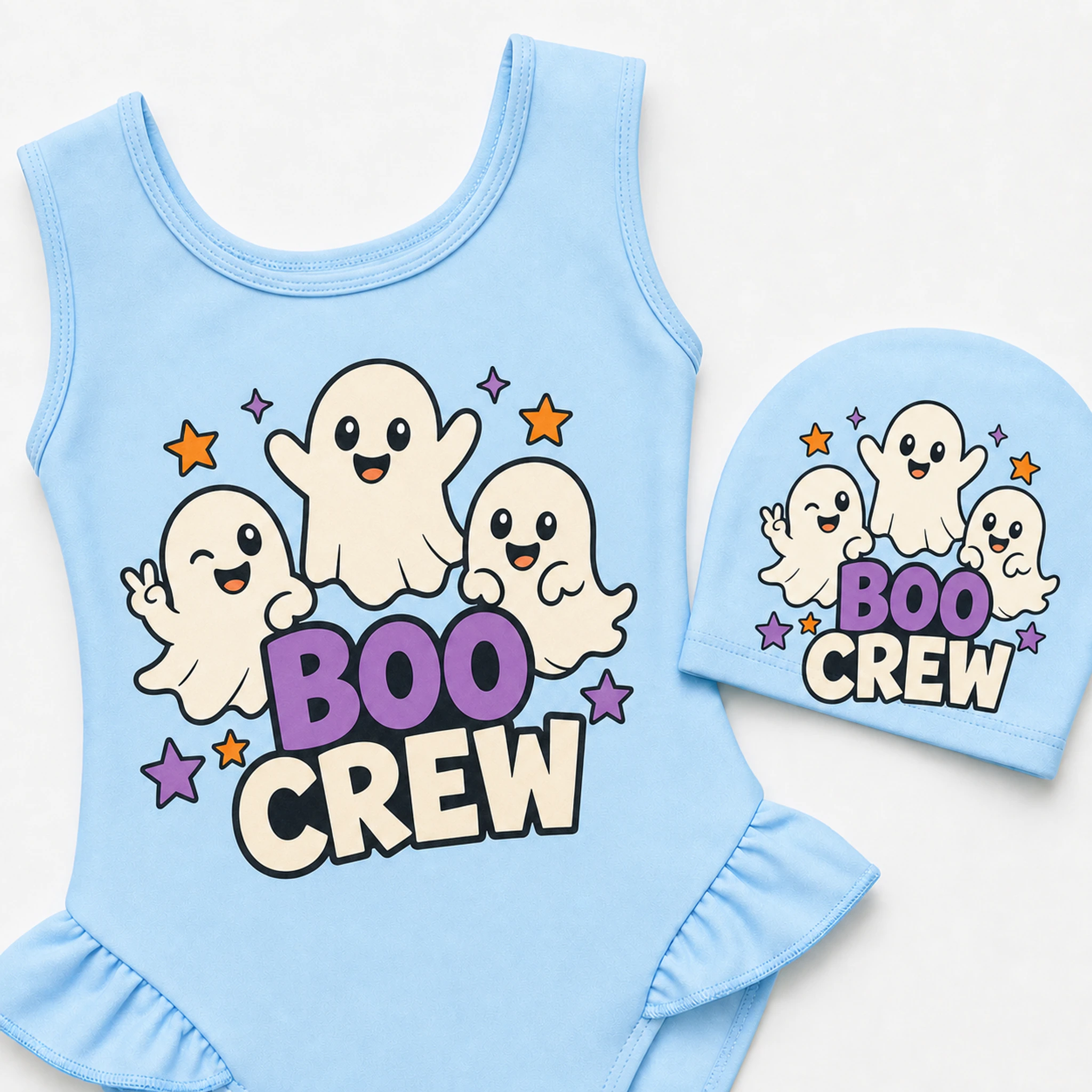 Boo Crew Custom Girls Wide-Strap Swimsuit and Cap Set print, fabric, and construction details