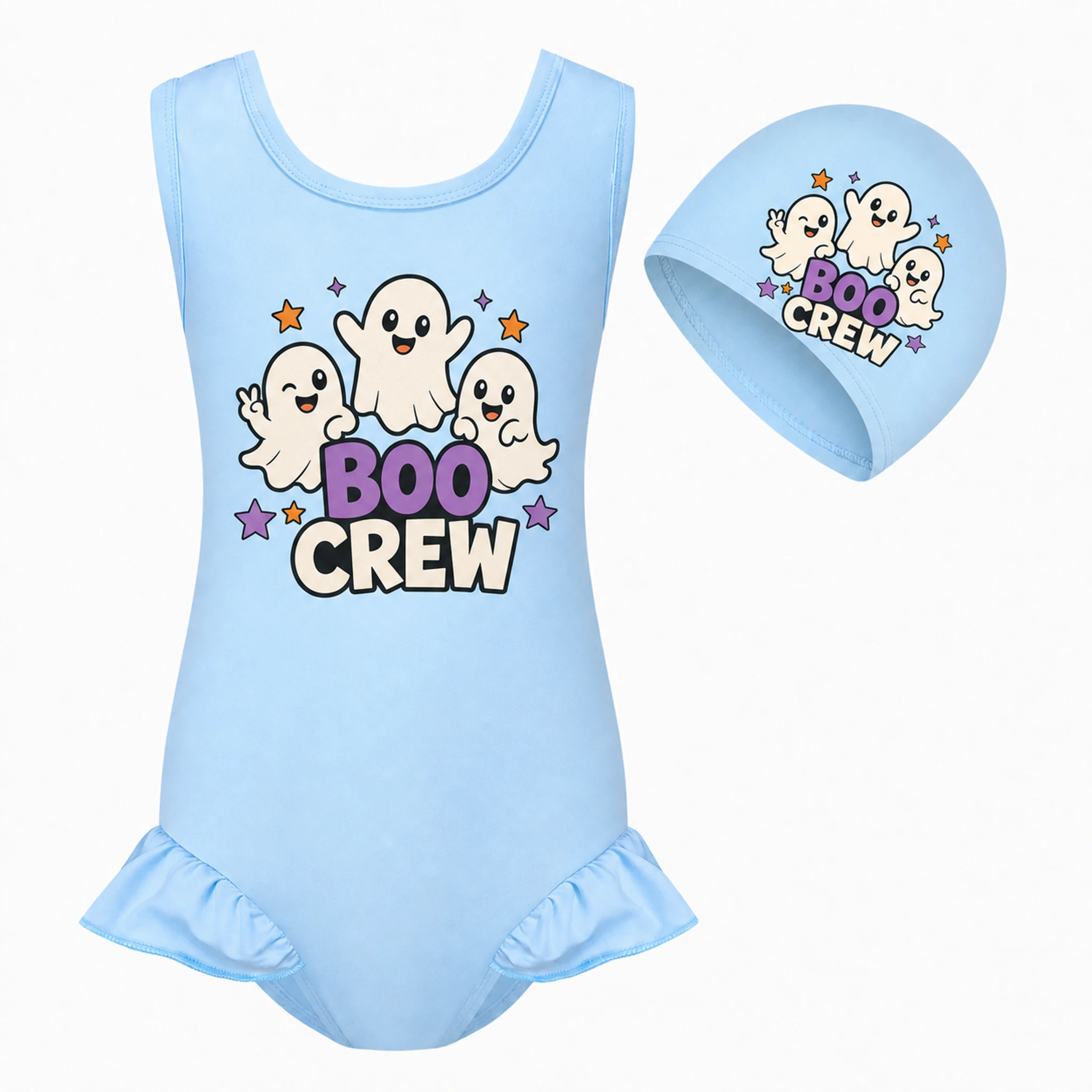 Boo Crew Custom Girls Wide-Strap Swimsuit and Cap Set AI-rendered finished product