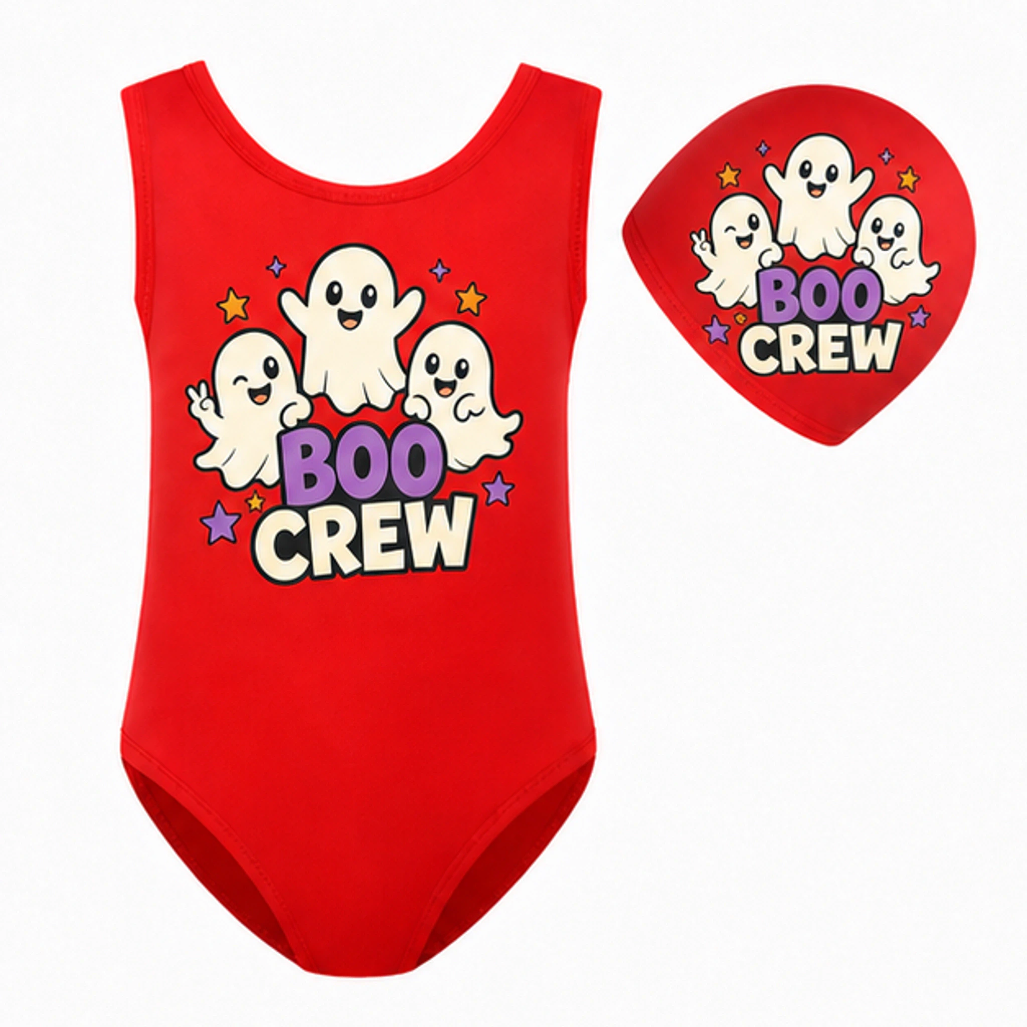 Red · Set Custom Girls Ruffle Swimsuit and Cap Set with the Boo Crew design