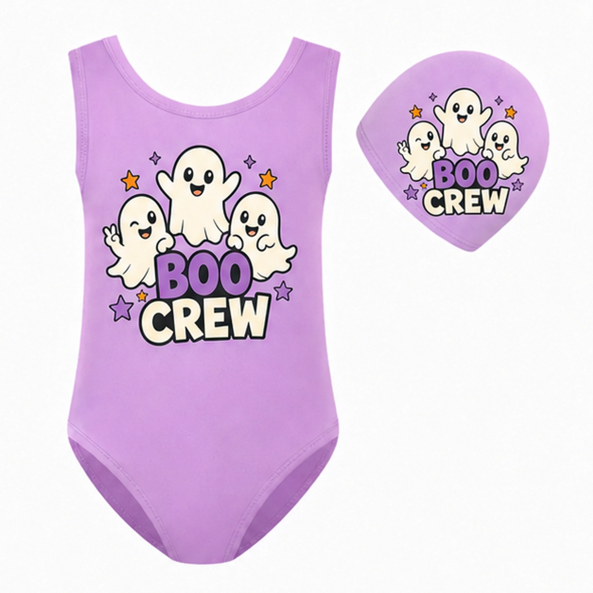 Purple · Set Custom Girls Ruffle Swimsuit and Cap Set with the Boo Crew design