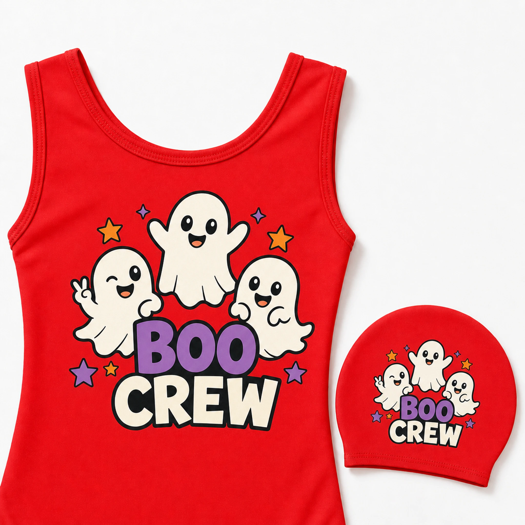 Boo Crew Custom Girls Ruffle Swimsuit and Cap Set print, fabric, and construction details