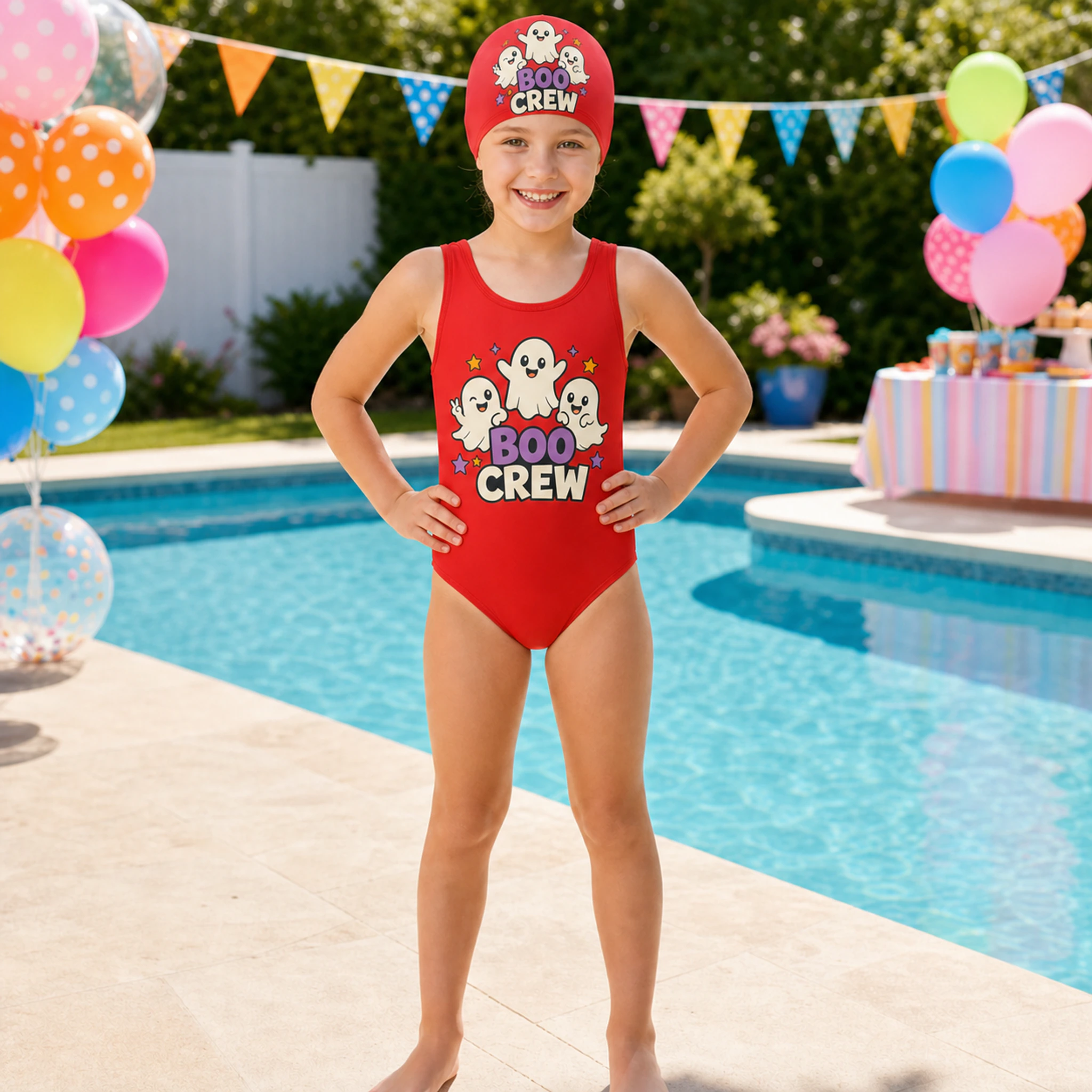 Boo Crew Custom Girls Ruffle Swimsuit and Cap Set shown in a styled lifestyle setting