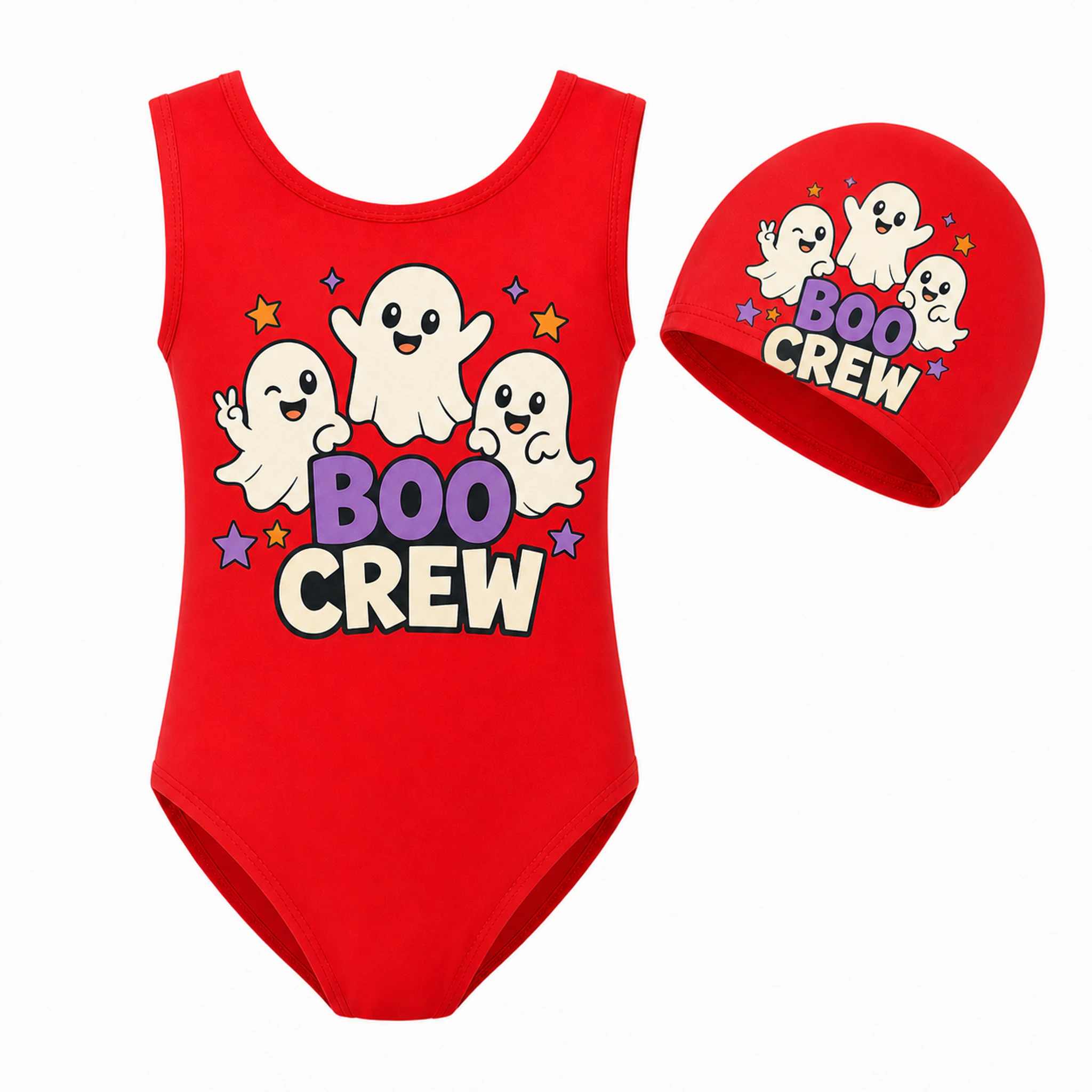 Boo Crew Custom Girls Ruffle Swimsuit and Cap Set AI-rendered finished product