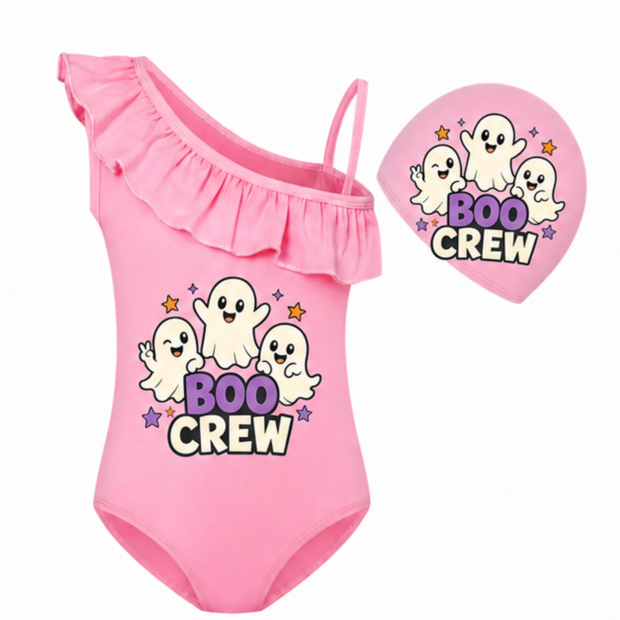 Pink · Set Custom Girls Asymmetric-Ruffle Swimsuit and Cap Set with the Boo Crew design