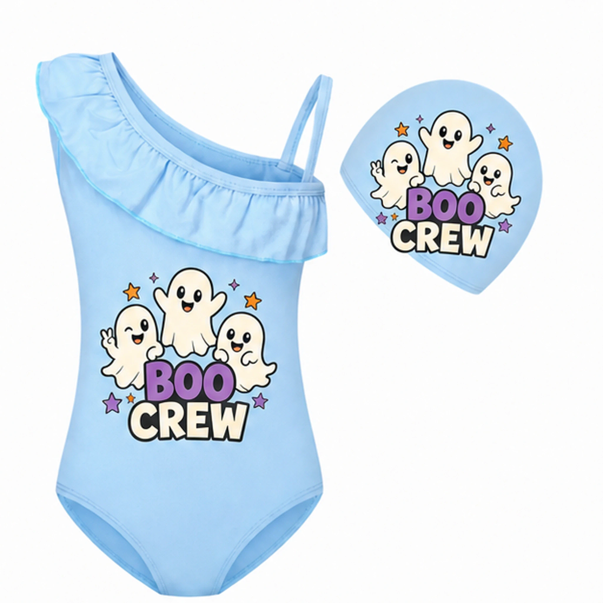 Light Blue · Set Custom Girls Asymmetric-Ruffle Swimsuit and Cap Set with the Boo Crew design