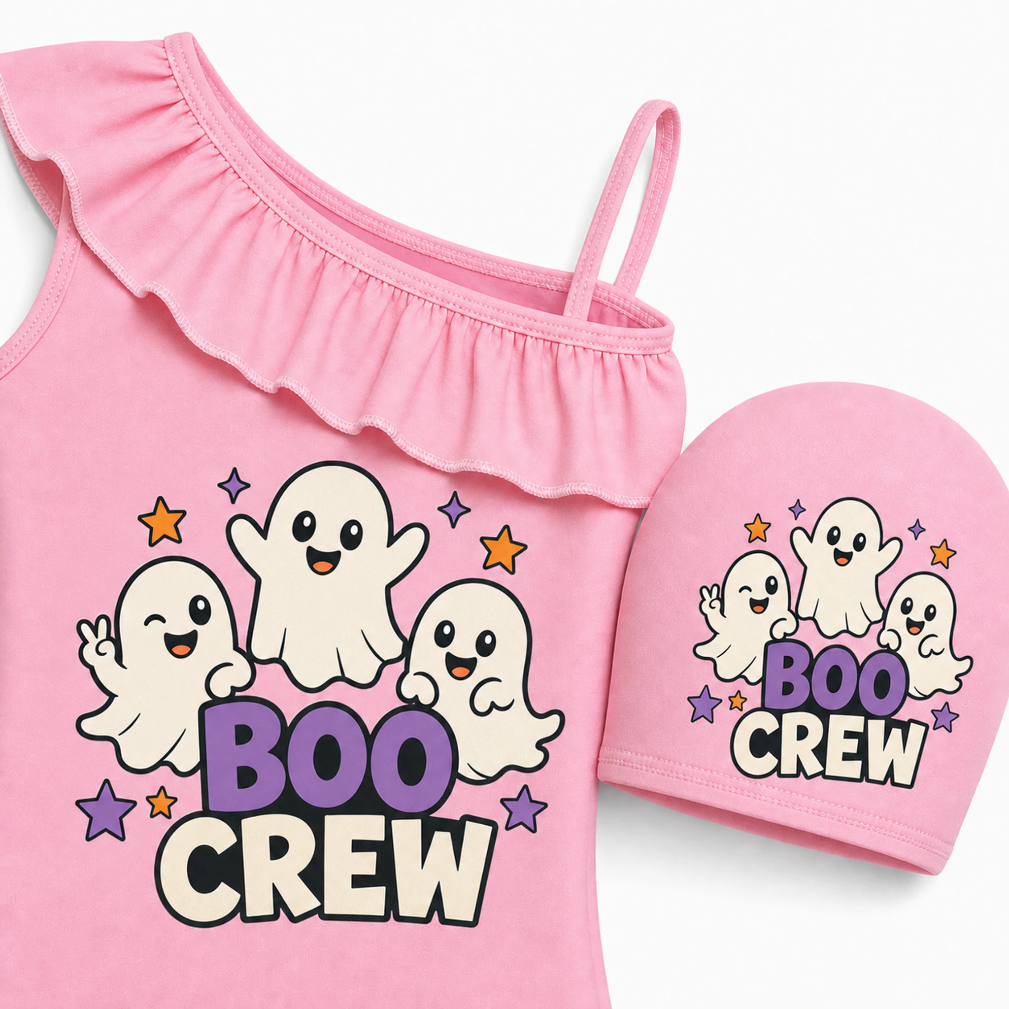 Boo Crew Custom Girls Asymmetric-Ruffle Swimsuit and Cap Set print, fabric, and construction details