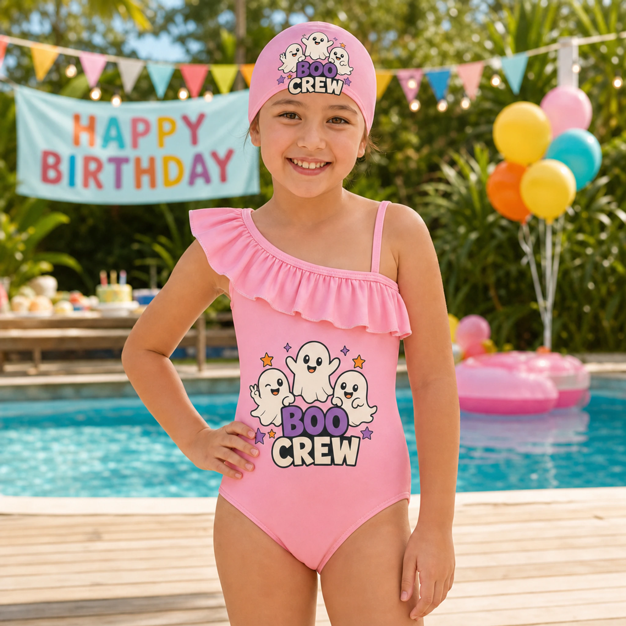 Boo Crew Custom Girls Asymmetric-Ruffle Swimsuit and Cap Set shown in a styled lifestyle setting