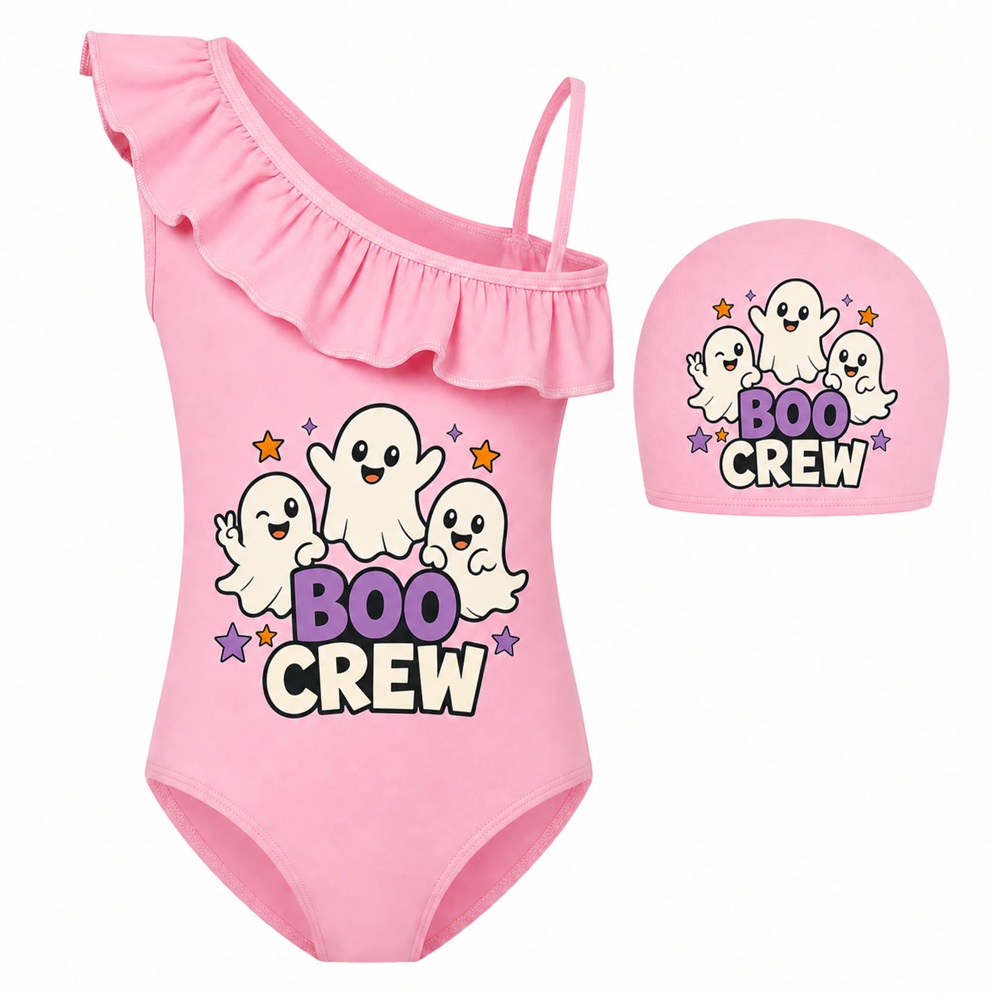 Boo Crew Custom Girls Asymmetric-Ruffle Swimsuit and Cap Set AI-rendered finished product