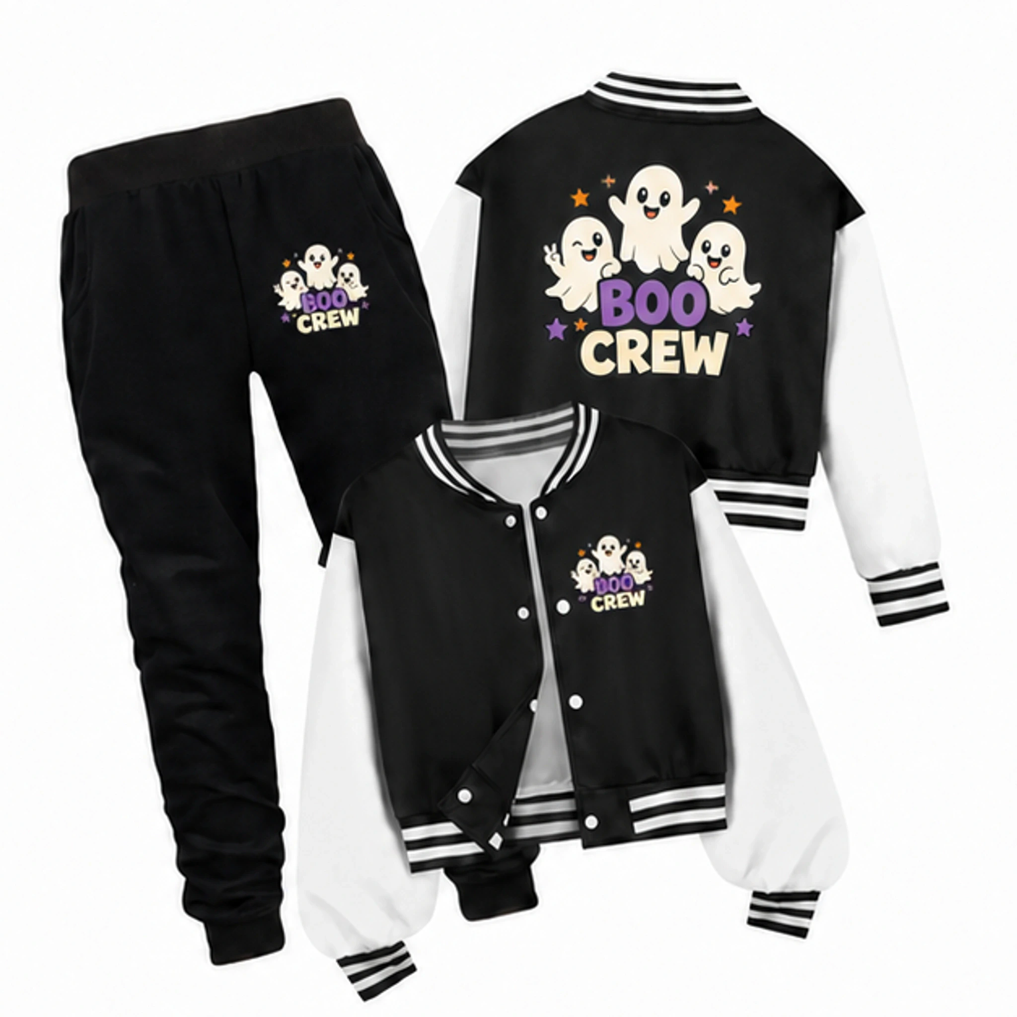 Black · Set Custom Kids Baseball Jacket and Pants Set with the Boo Crew design