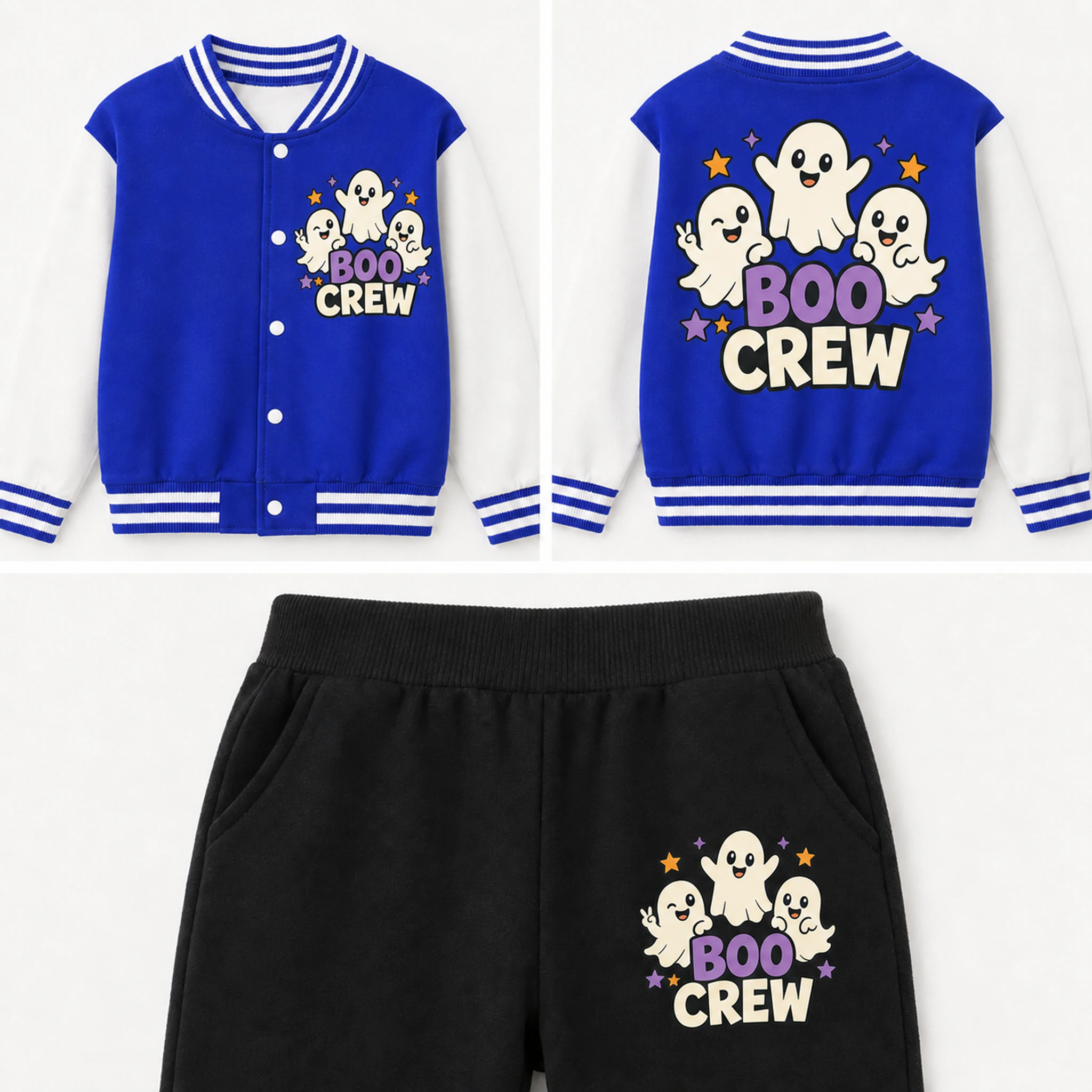 Boo Crew Custom Kids Baseball Jacket and Pants Set print, fabric, and construction details