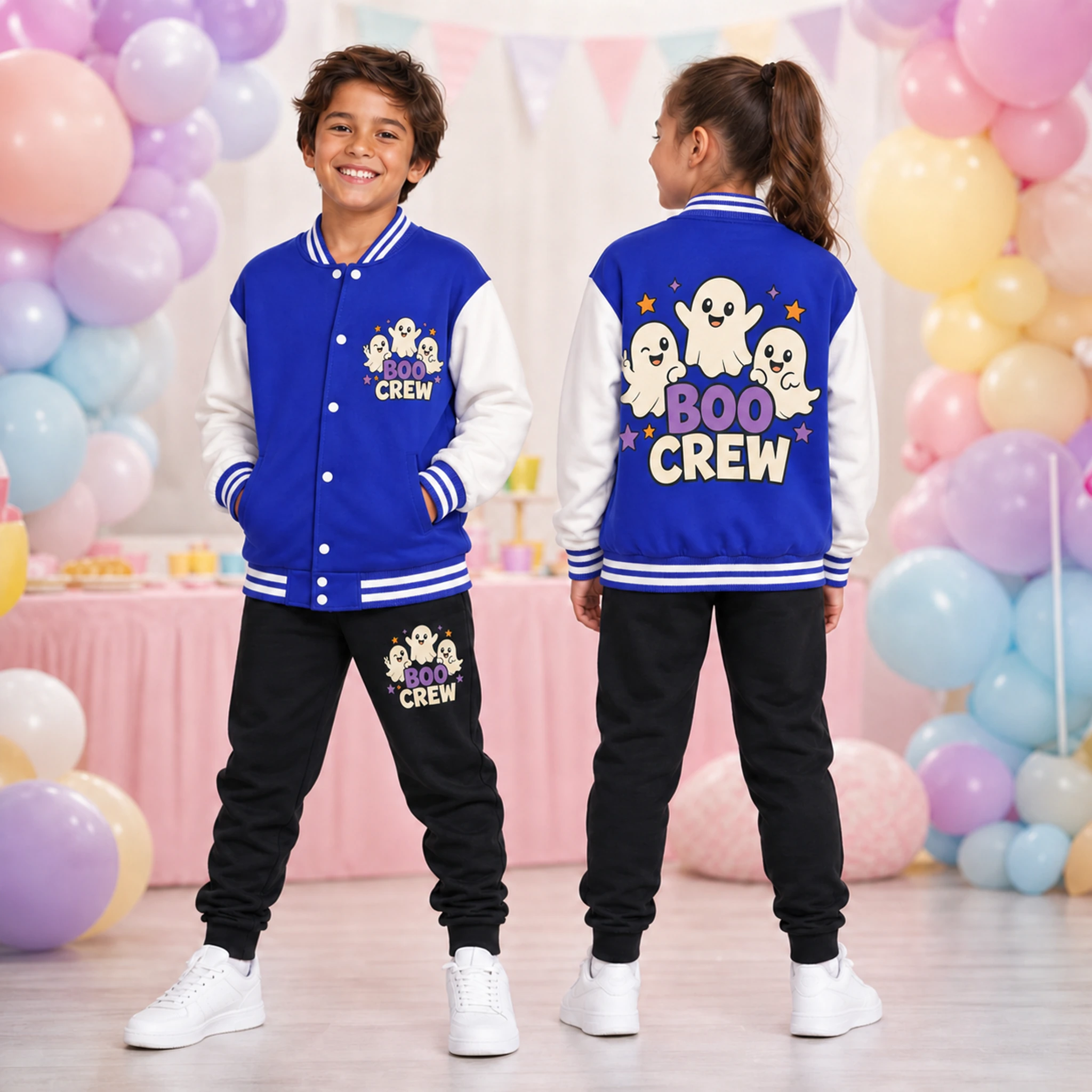 Boo Crew Custom Kids Baseball Jacket and Pants Set shown in a styled lifestyle setting
