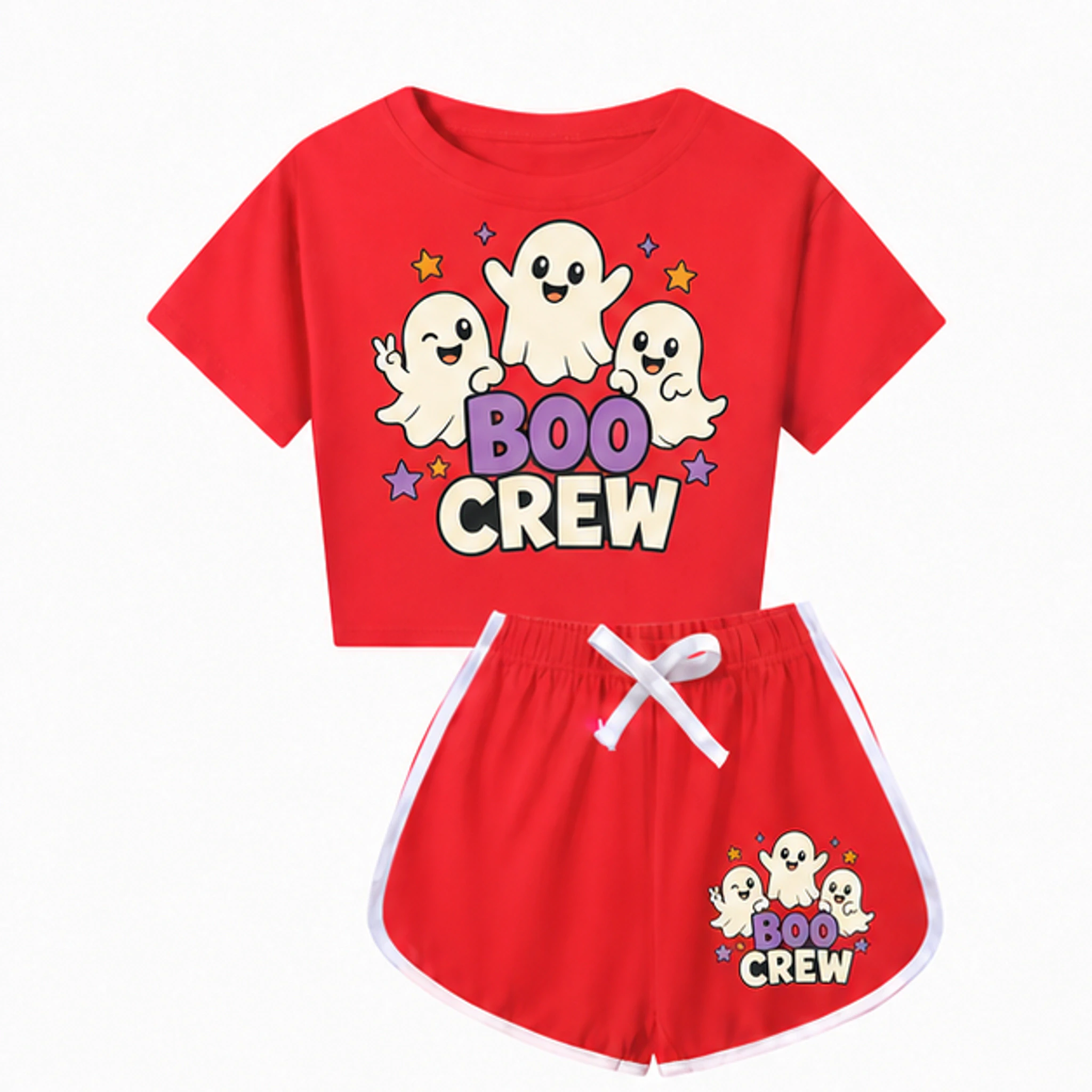 Red Custom Kids Checker Short-Sleeve Top and Shorts Set with the Boo Crew design