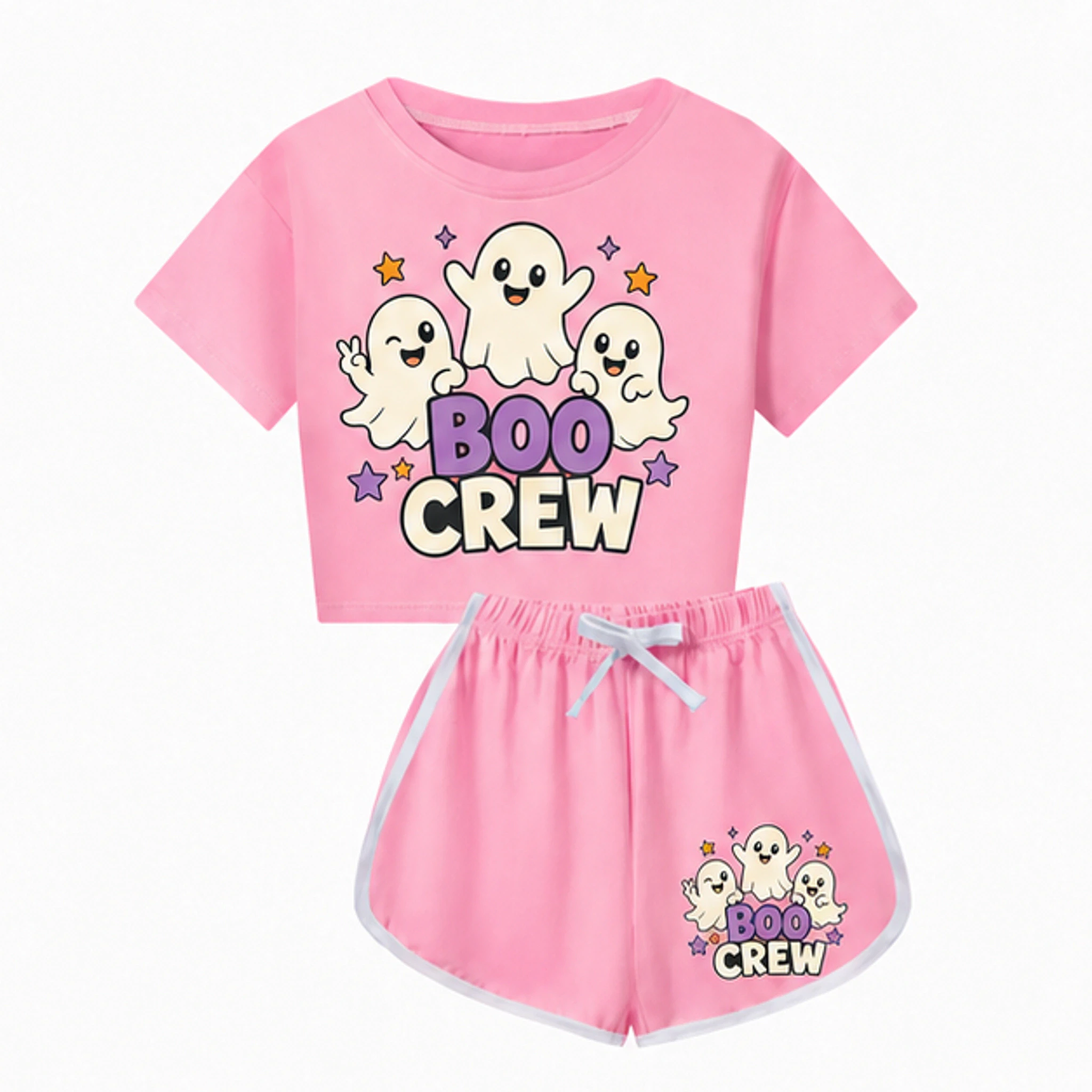 Pink Custom Kids Checker Short-Sleeve Top and Shorts Set with the Boo Crew design
