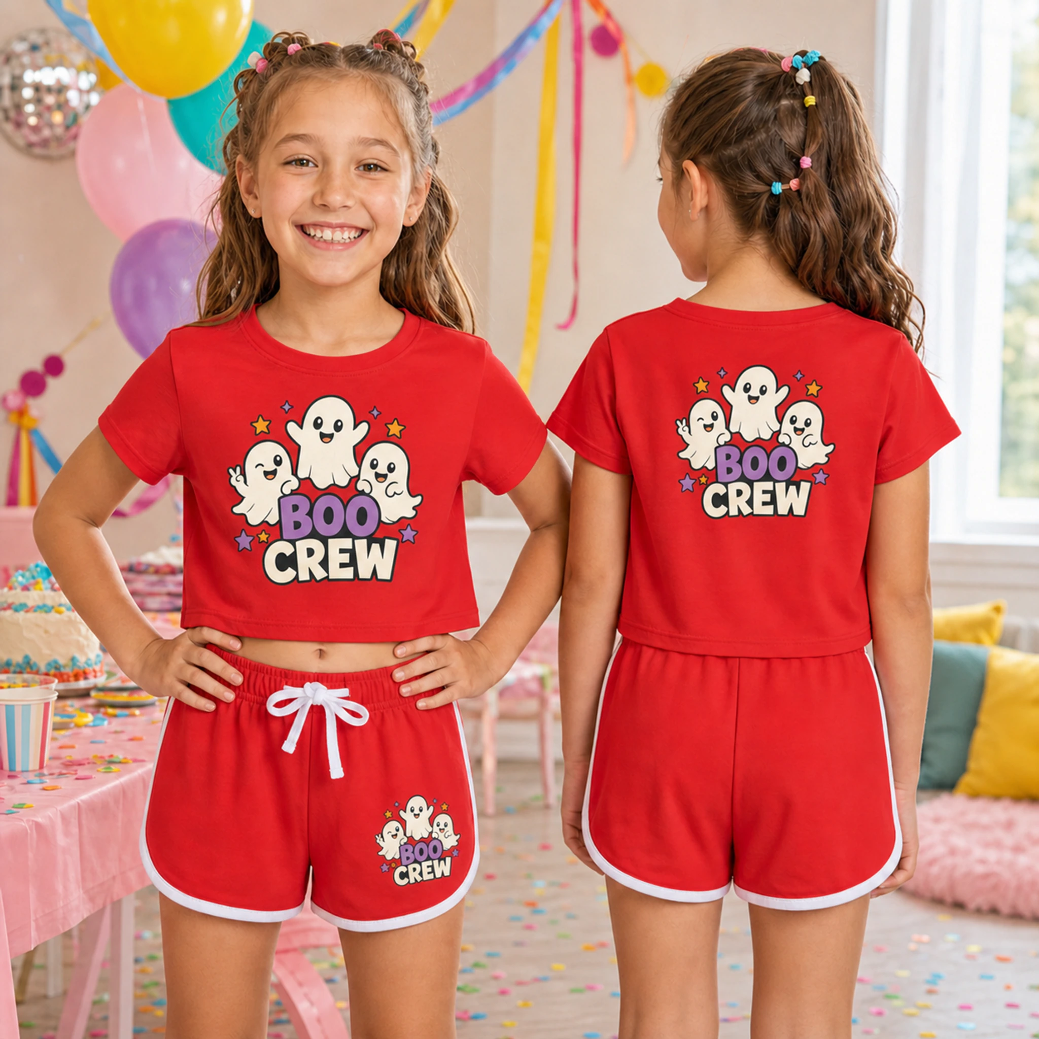 Boo Crew Custom Kids Checker Short-Sleeve Top and Shorts Set shown in a styled lifestyle setting