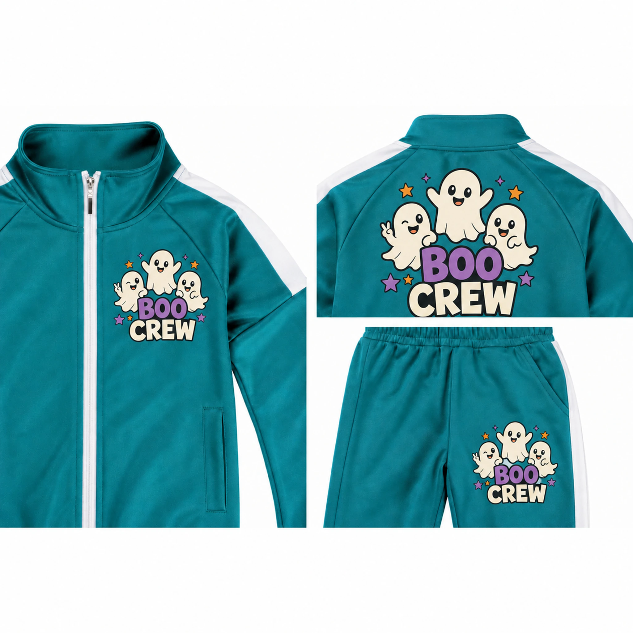Boo Crew Custom Kids Color-Block Jacket and Pants Set print, fabric, and construction details