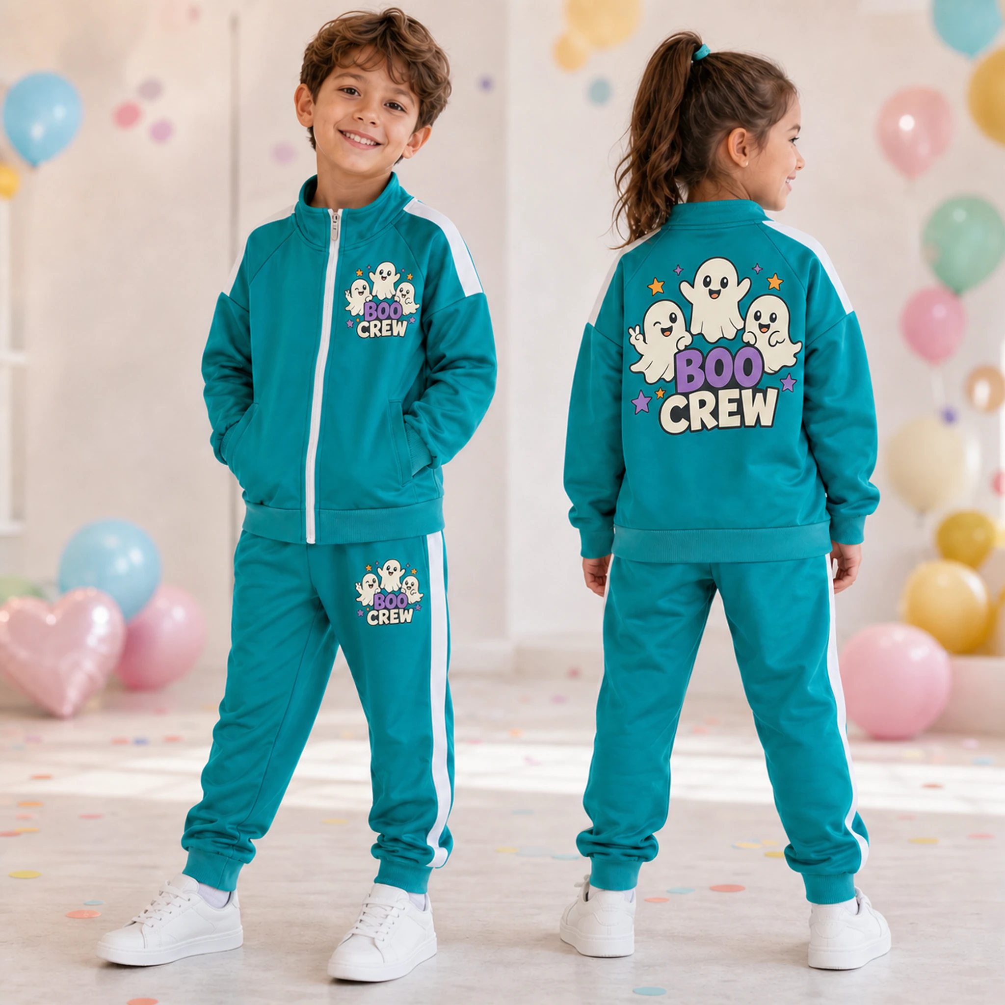 Boo Crew Custom Kids Color-Block Jacket and Pants Set shown in a styled lifestyle setting