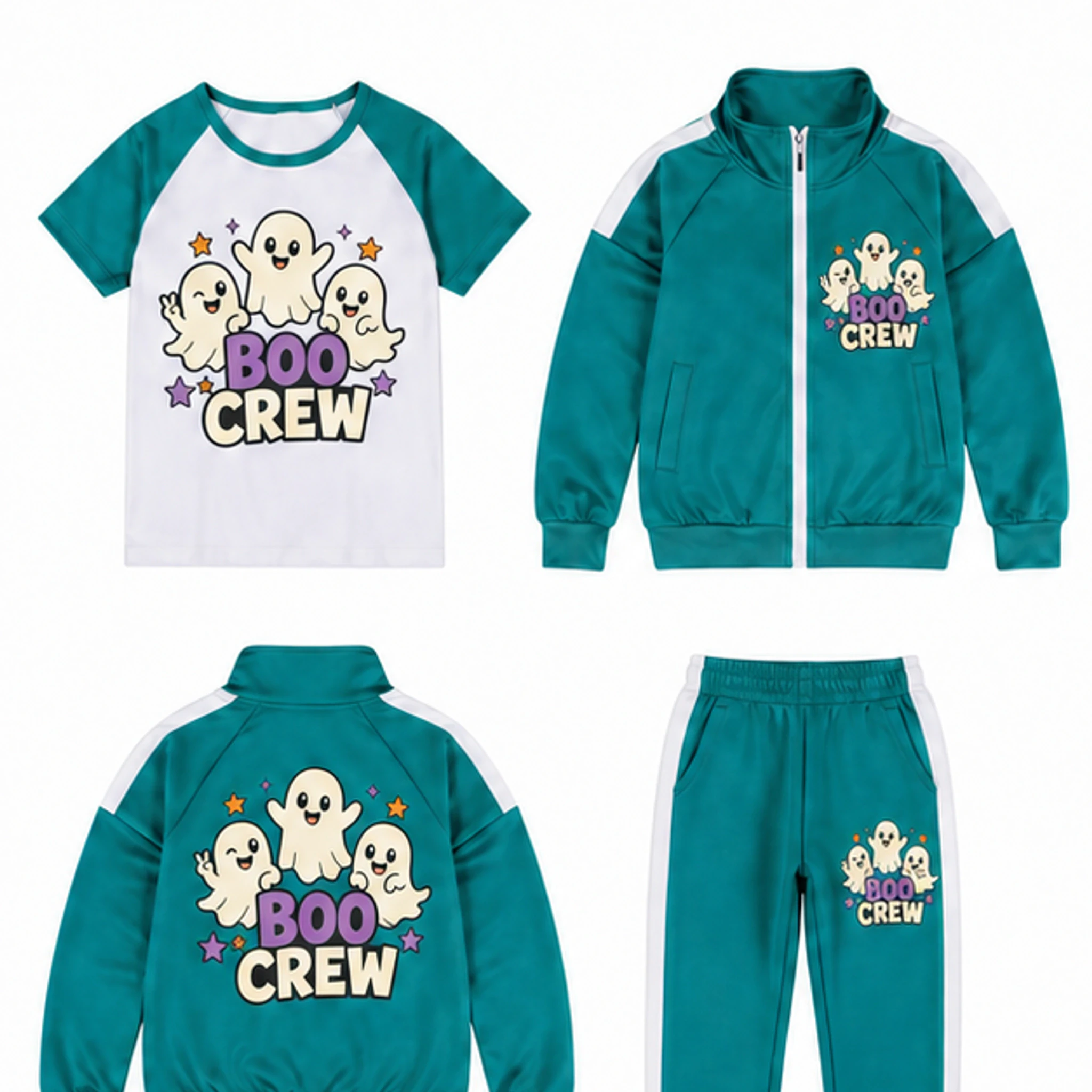 Three-Piece Jacket, Pants and T-Shirt Set Custom Kids Color-Block Three-Piece Tracksuit Set with the Boo Crew design