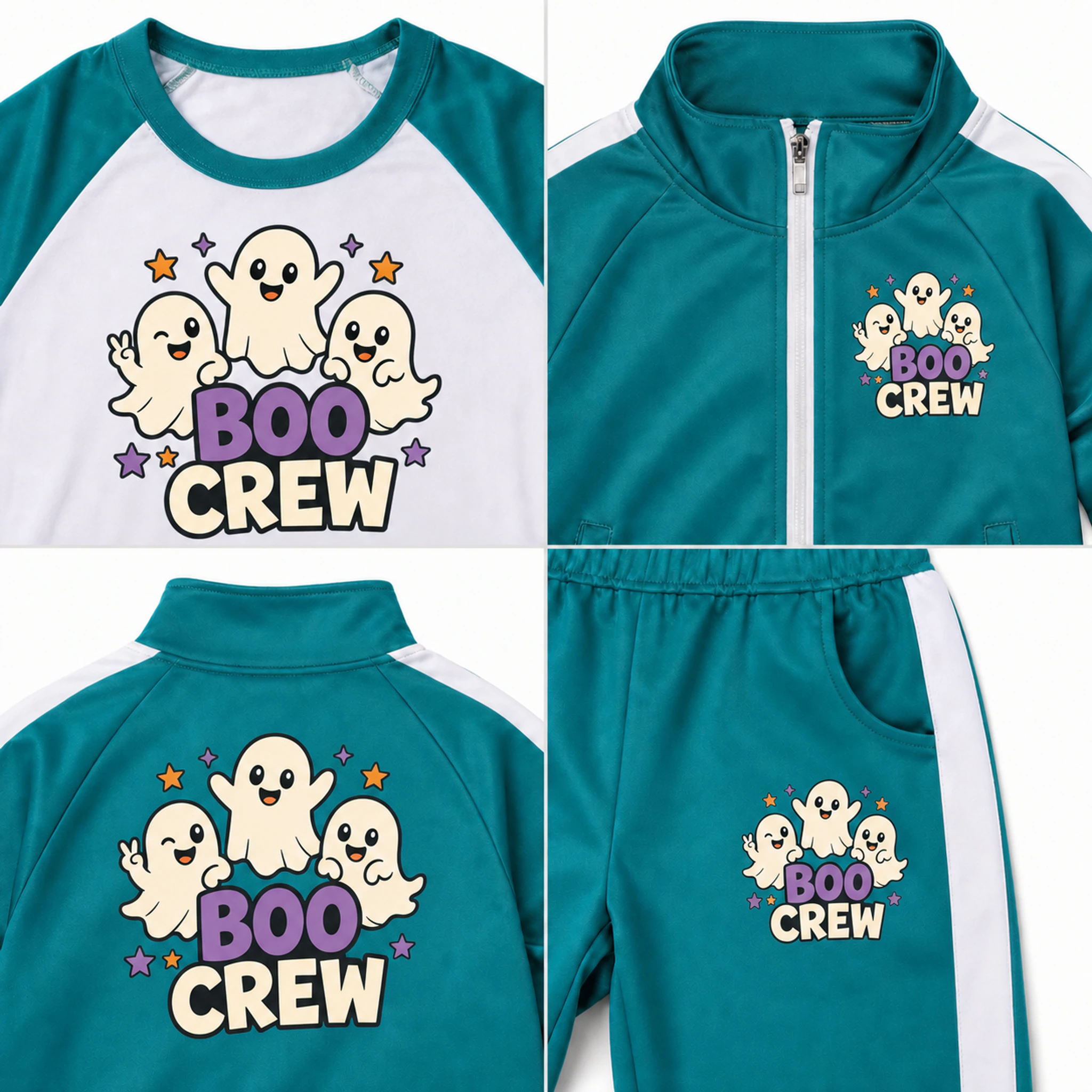 Boo Crew Custom Kids Color-Block Three-Piece Tracksuit Set print, fabric, and construction details