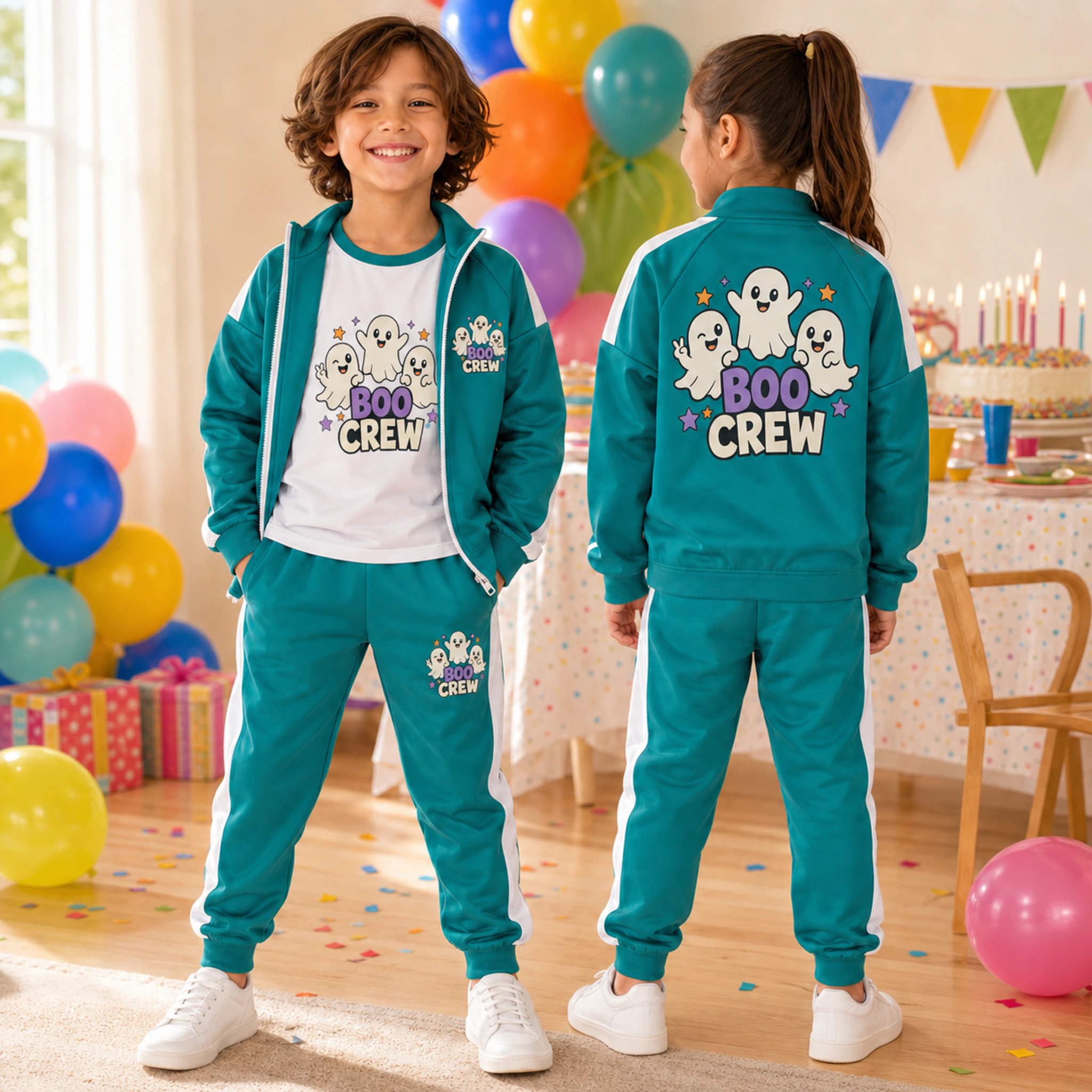Boo Crew Custom Kids Color-Block Three-Piece Tracksuit Set shown in a styled lifestyle setting