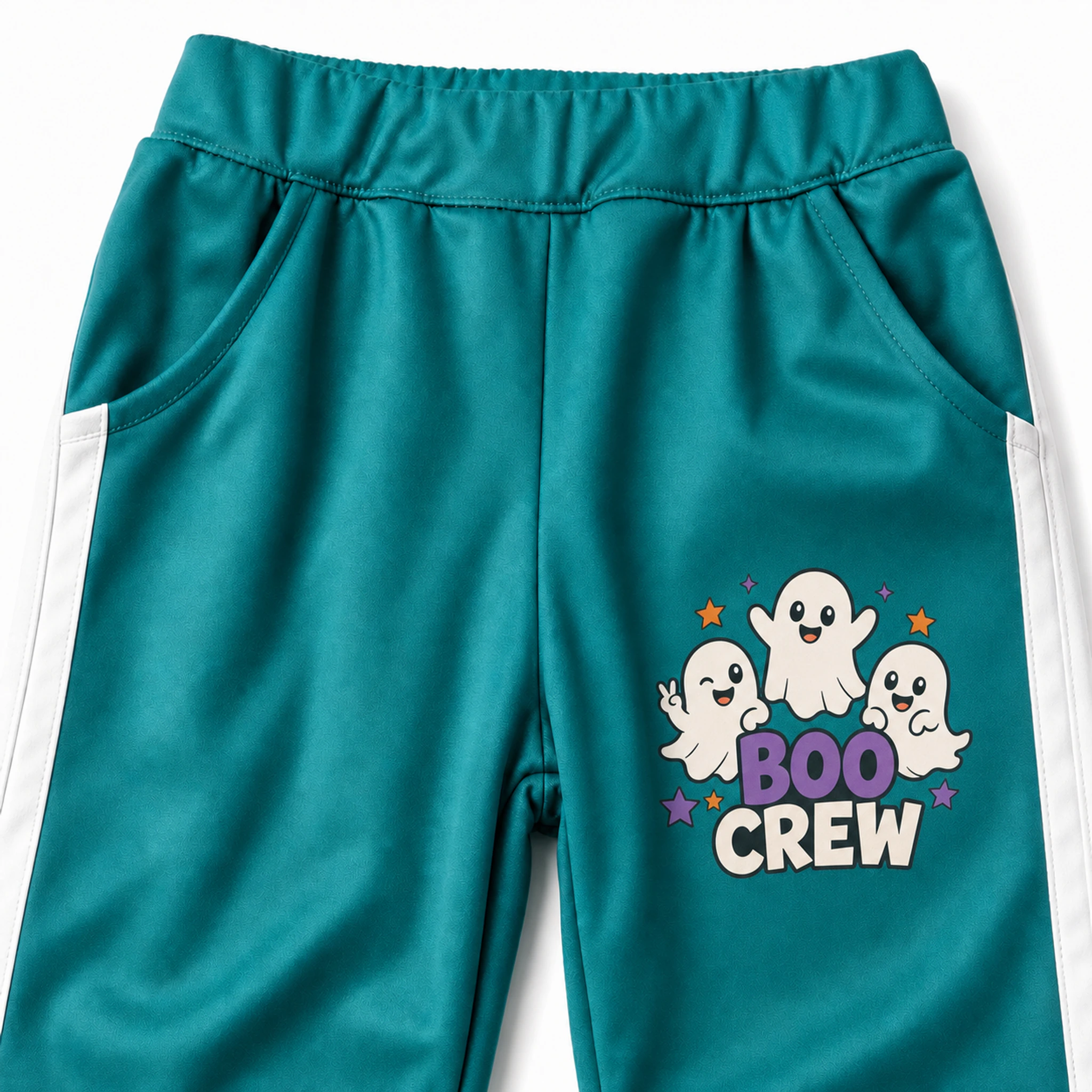 Boo Crew Custom Kids Color-Block Tracksuit Pants print, fabric, and construction details