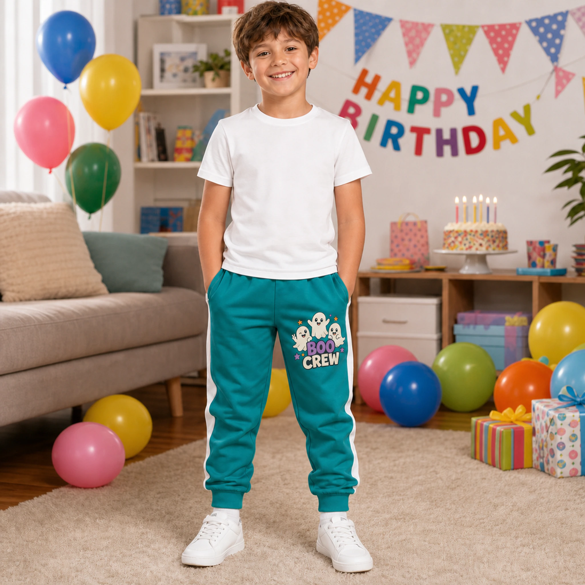 Boo Crew Custom Kids Color-Block Tracksuit Pants shown in a styled lifestyle setting