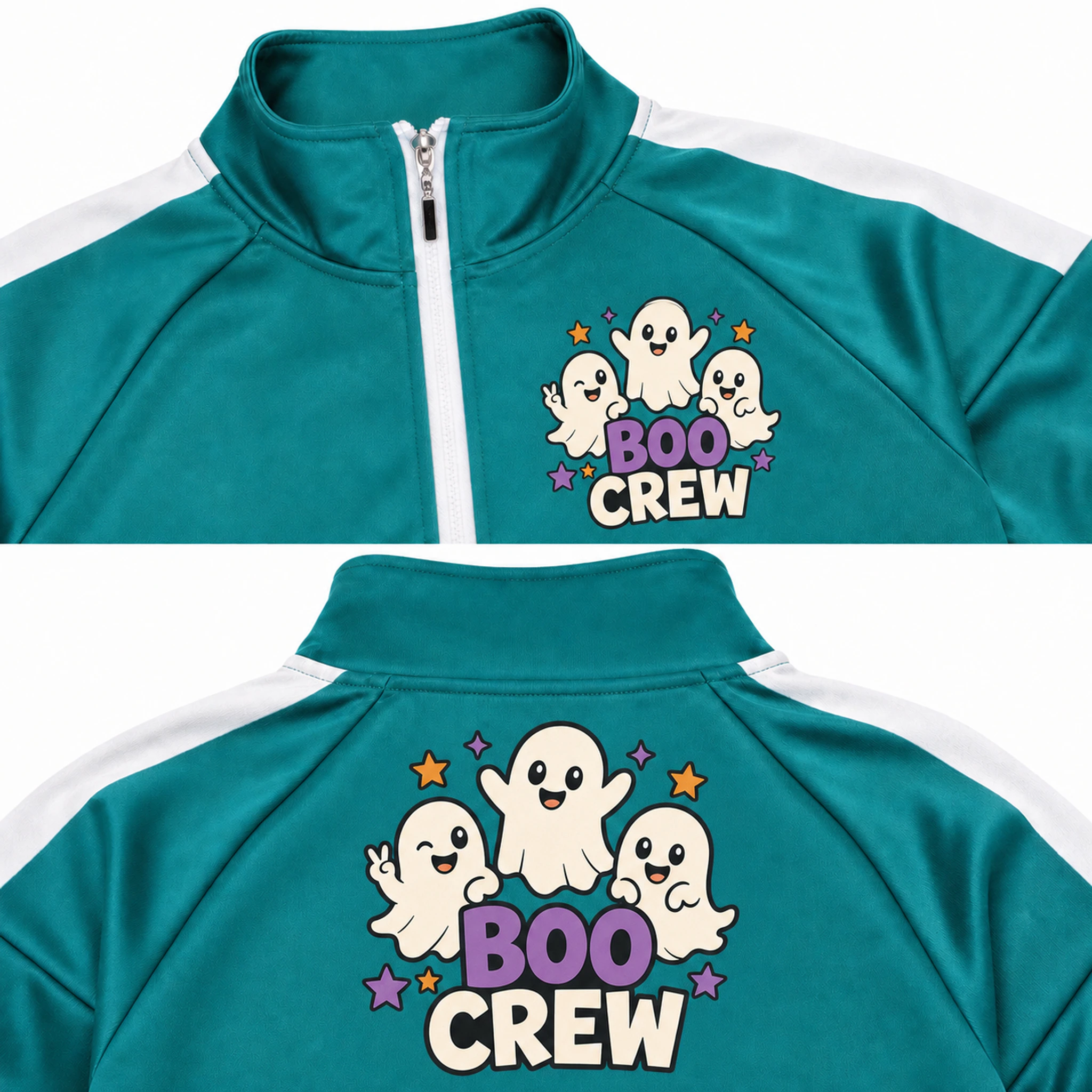 Boo Crew Custom Kids Color-Block Zip Jacket print, fabric, and construction details