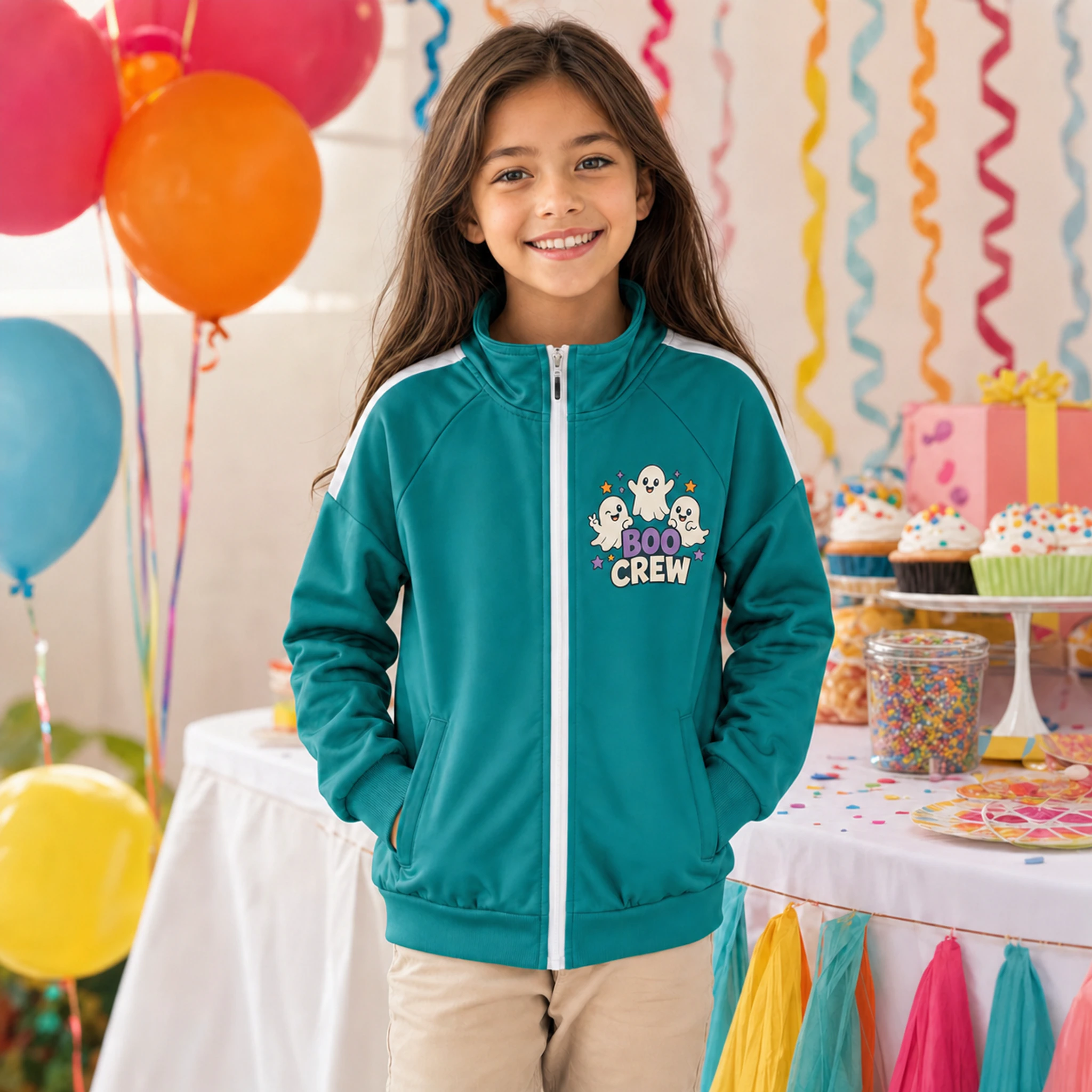 Boo Crew Custom Kids Color-Block Zip Jacket shown in a styled lifestyle setting