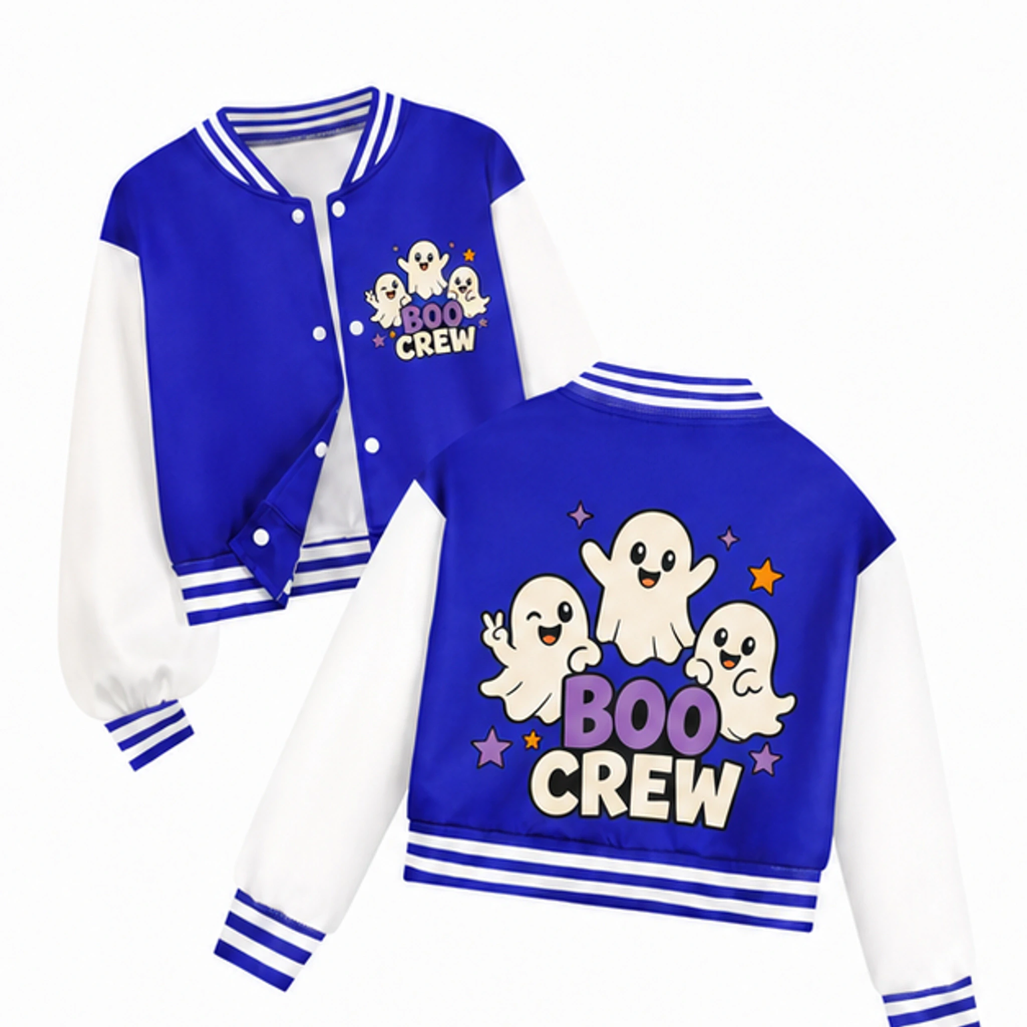 Blue Custom Kids Cropped Baseball Jacket with the Boo Crew design