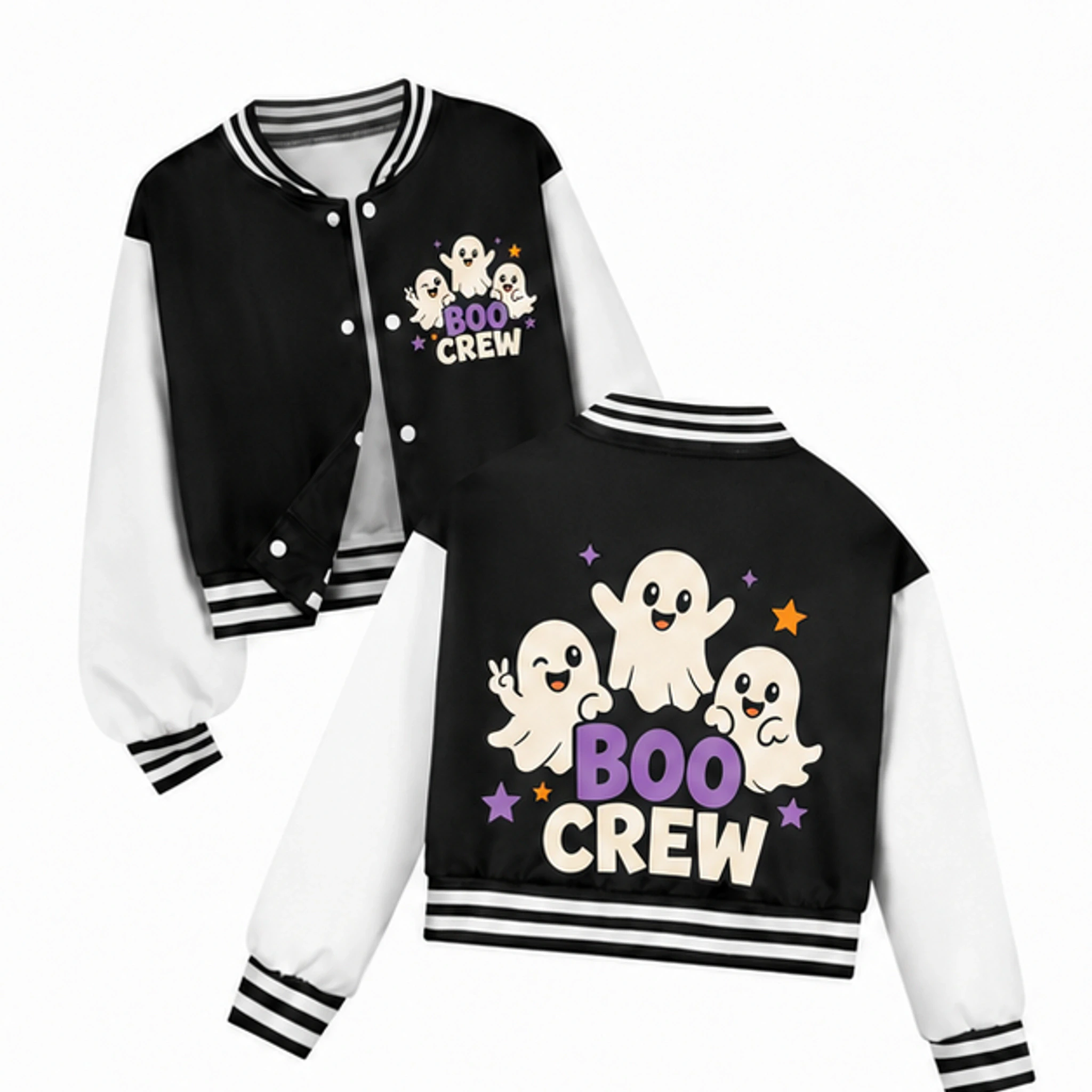 Black Custom Kids Cropped Baseball Jacket with the Boo Crew design