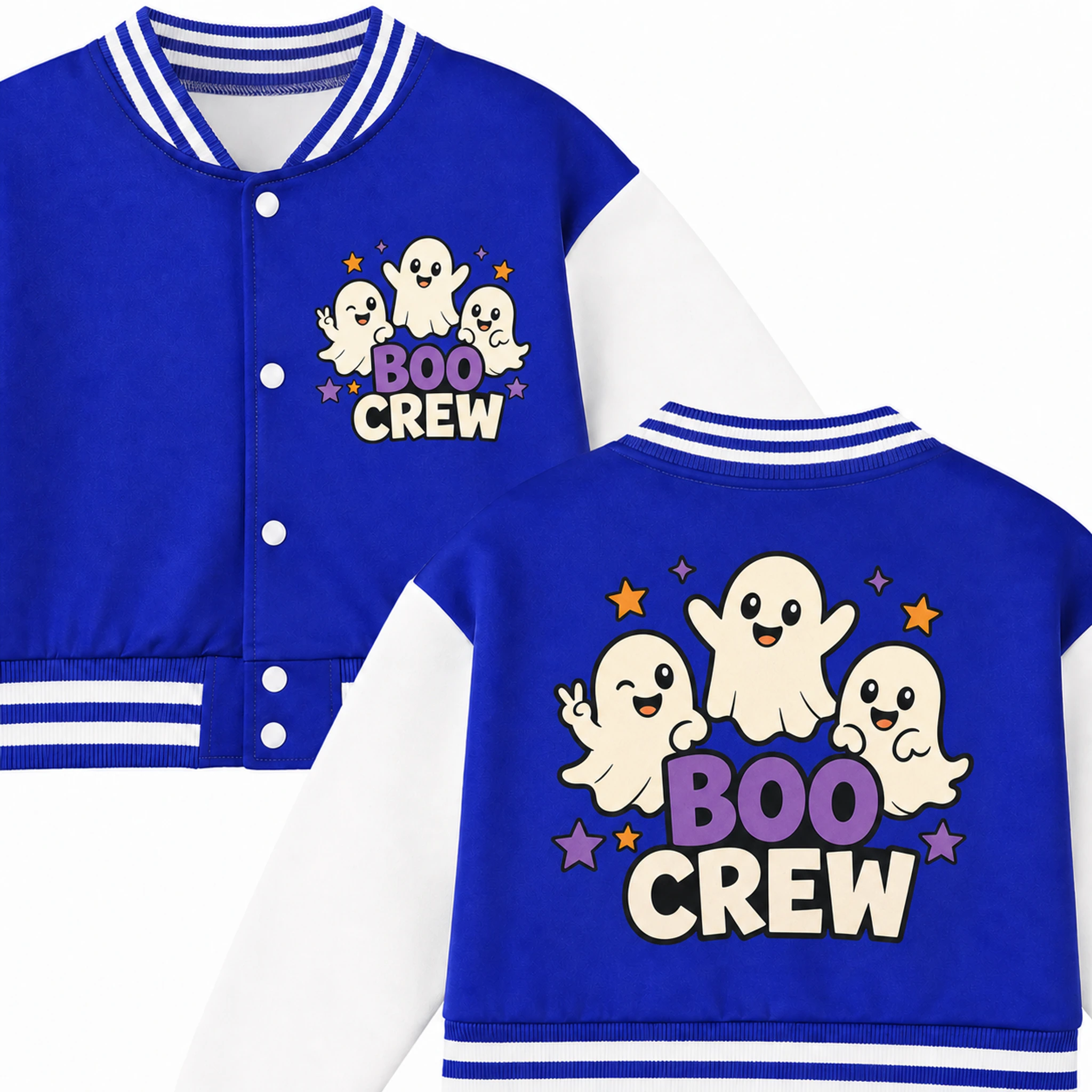 Boo Crew Custom Kids Cropped Baseball Jacket print, fabric, and construction details