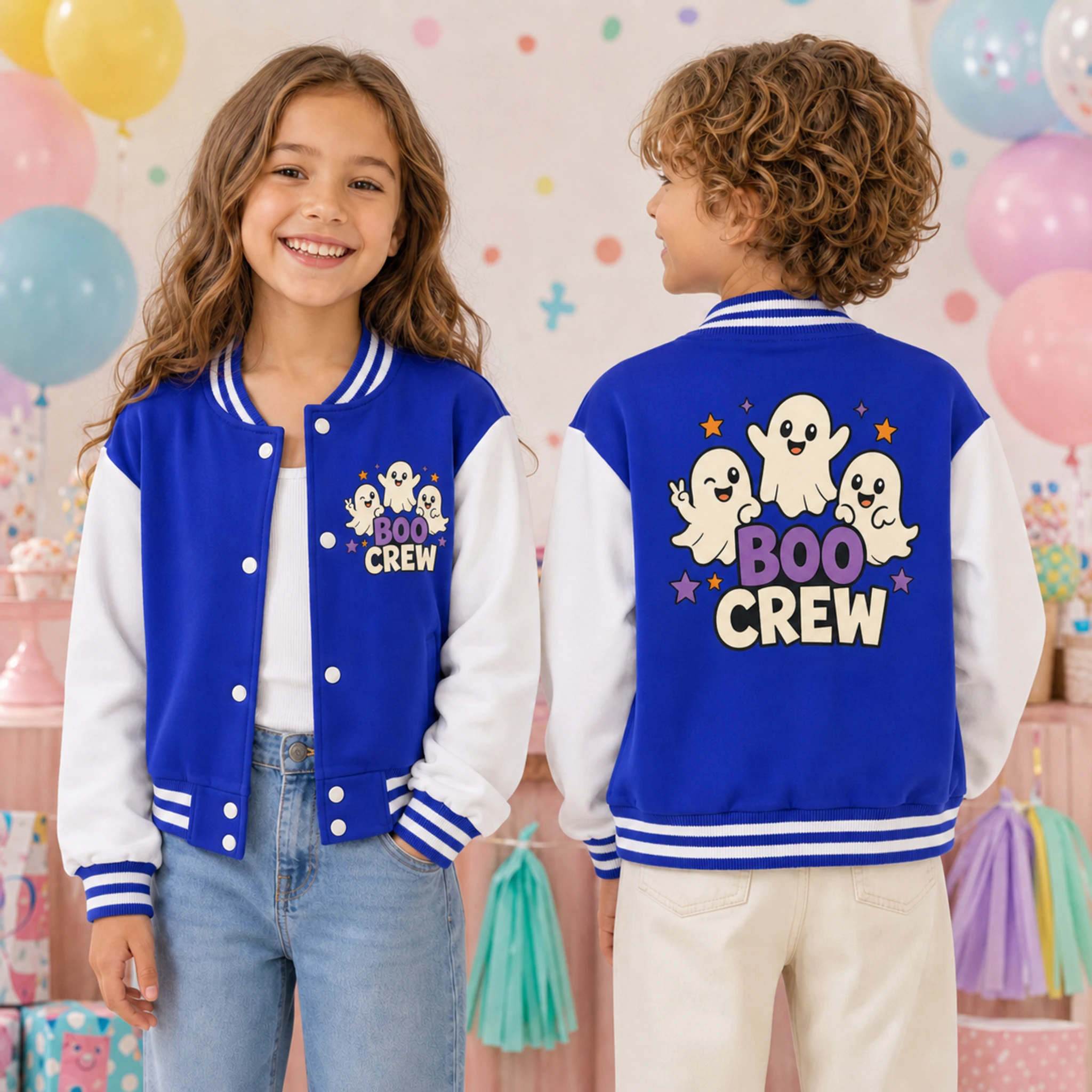 Boo Crew Custom Kids Cropped Baseball Jacket shown in a styled lifestyle setting