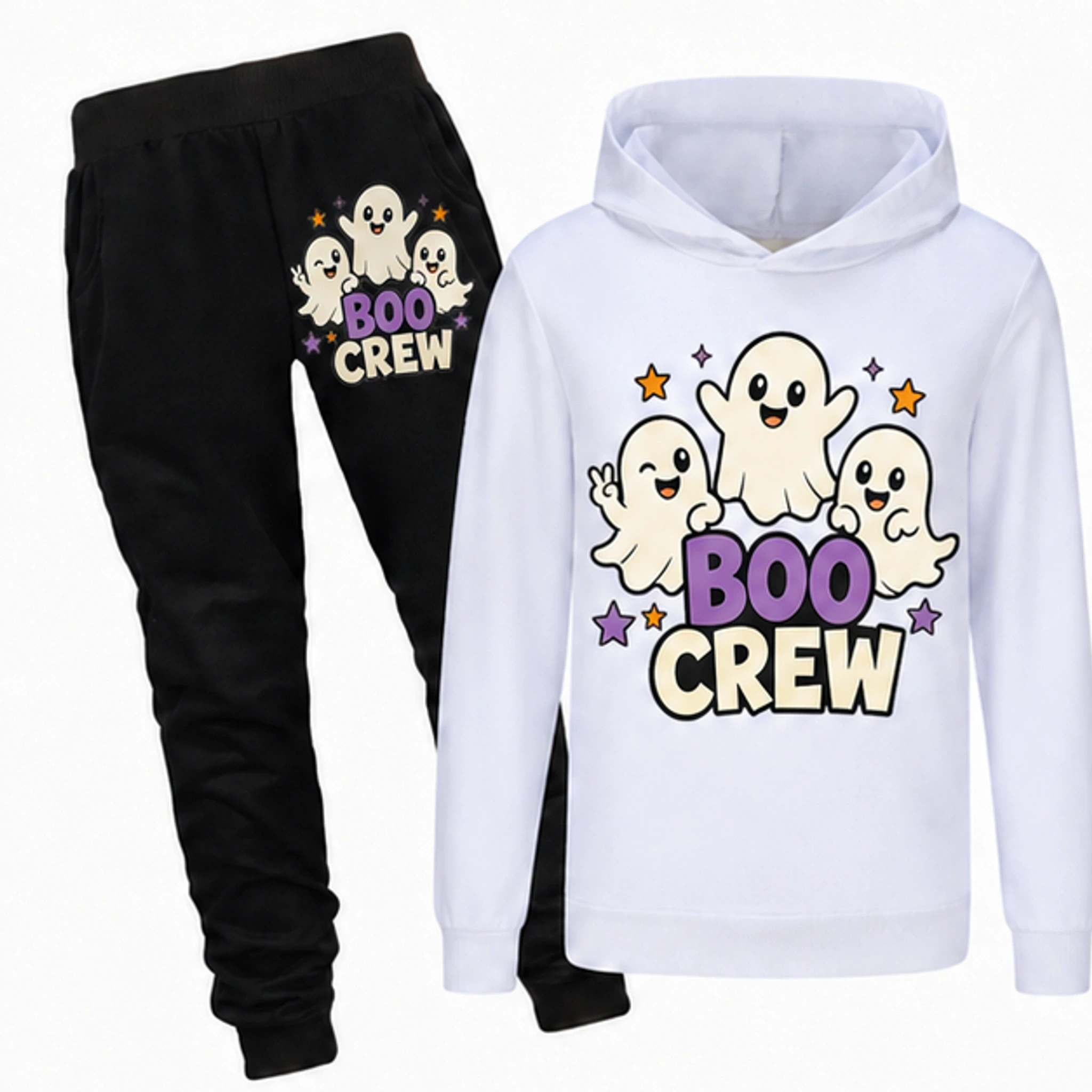 White Custom Kids Hoodie and Jogger Set with the Boo Crew design