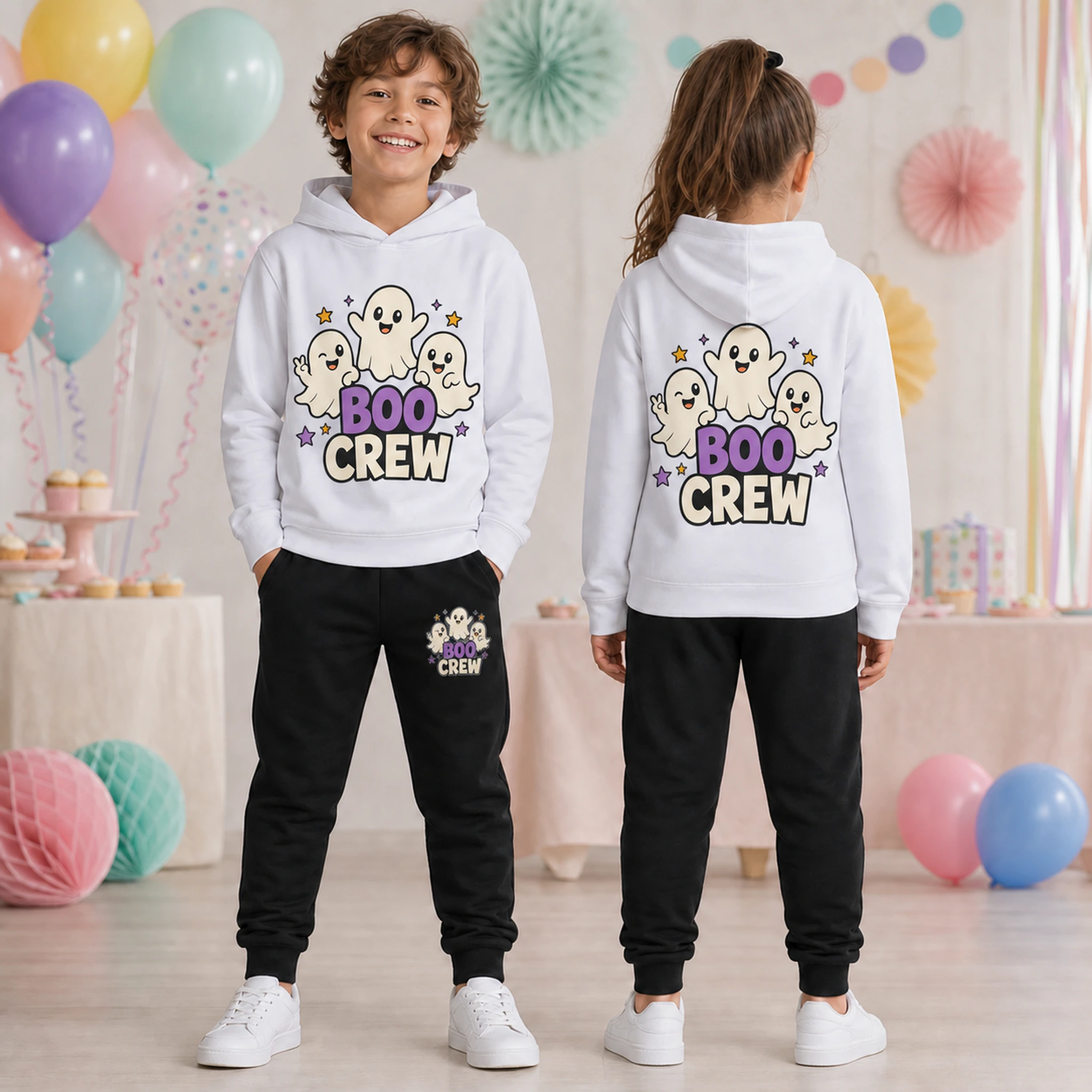 Boo Crew Custom Kids Hoodie and Jogger Set shown in a styled lifestyle setting
