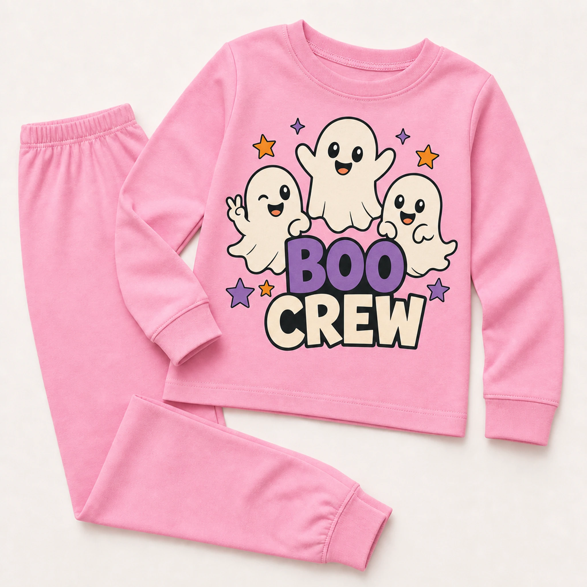 Boo Crew Custom Kids Long Pajama Set print, fabric, and construction details
