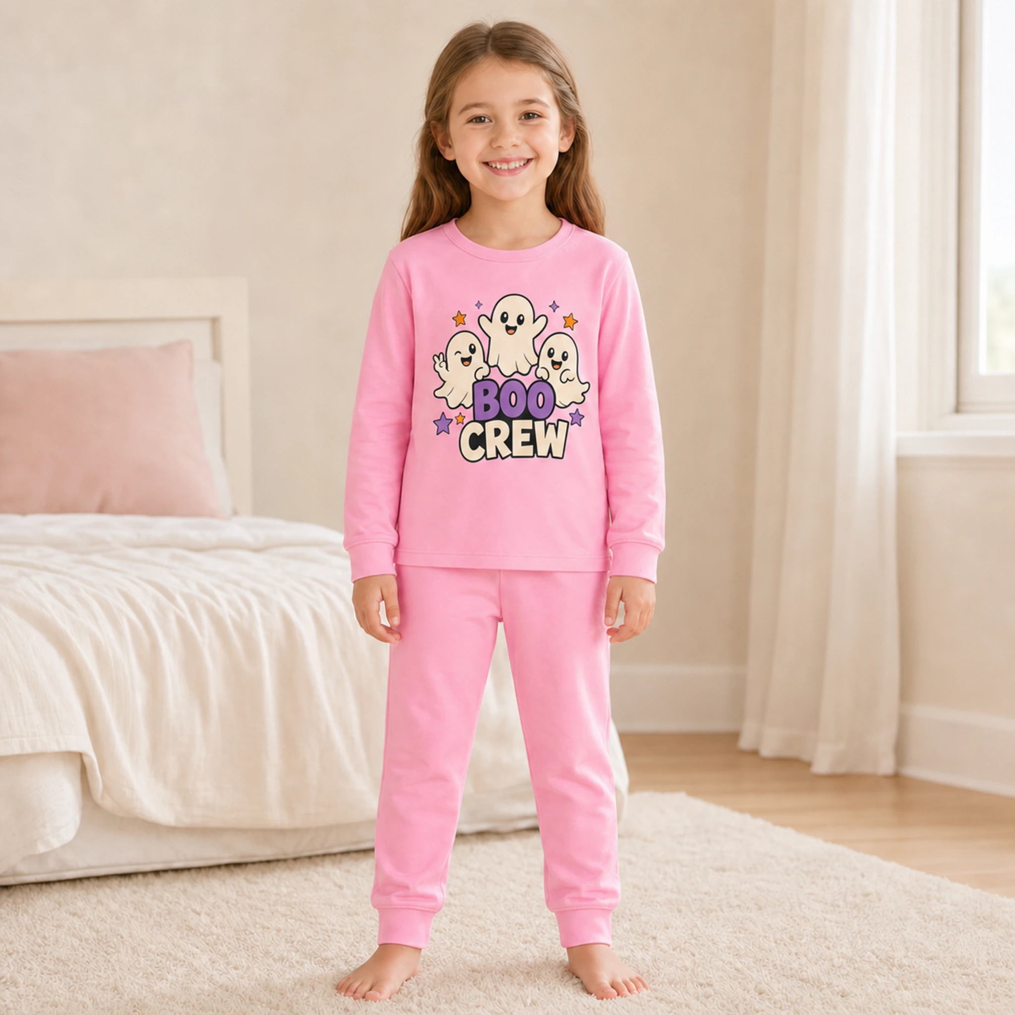 Boo Crew Custom Kids Long Pajama Set shown in a styled lifestyle setting