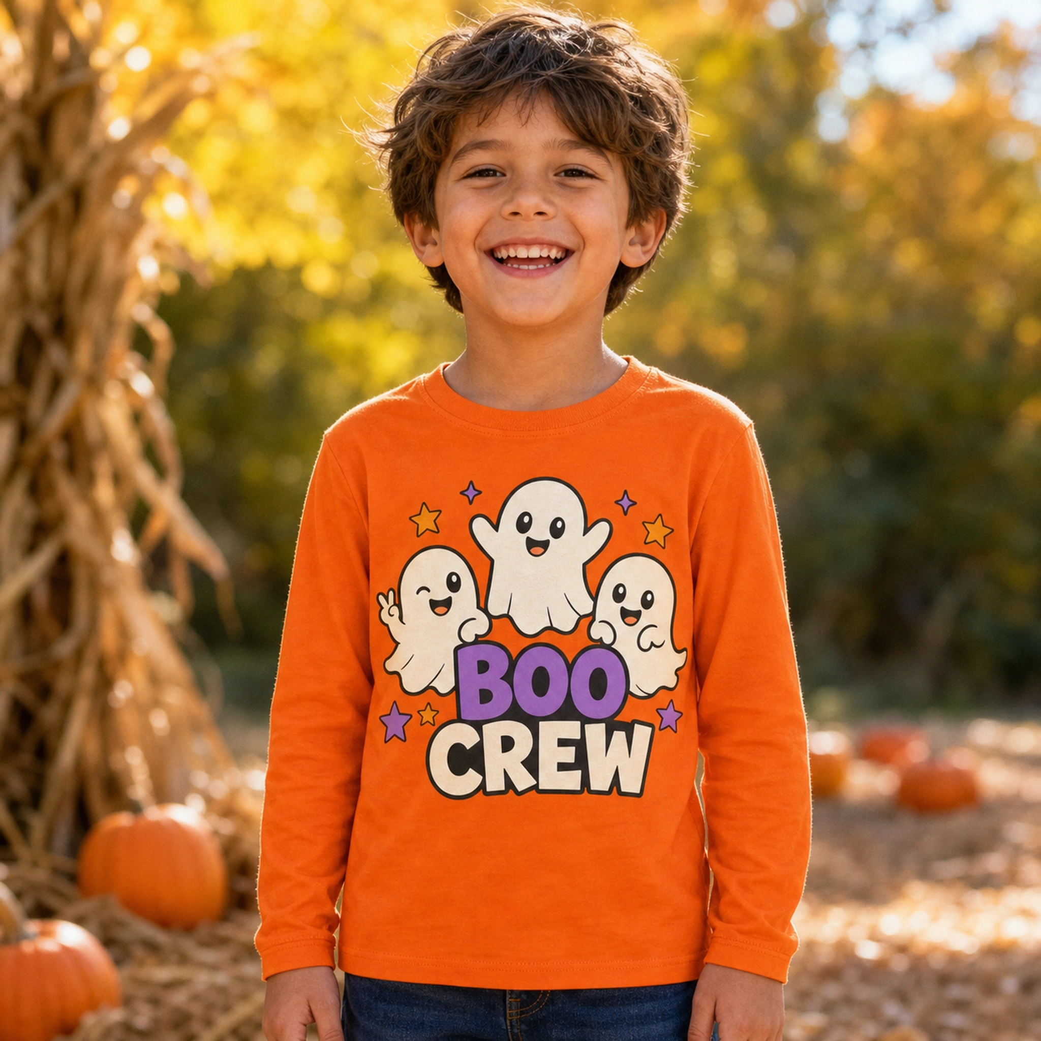 Child wearing the Boo Crew Custom Kids Long-Sleeve T-Shirt