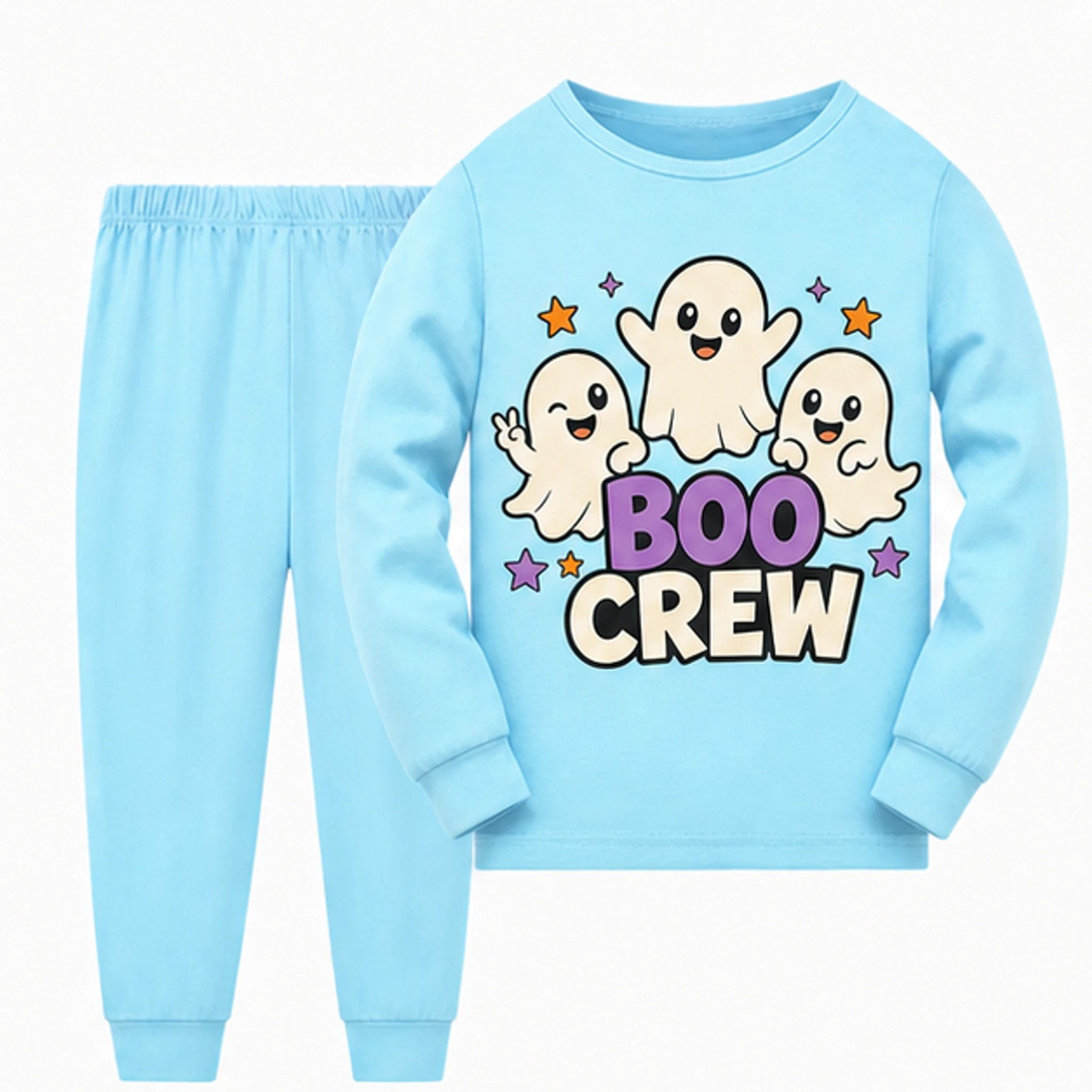 Light Blue · Long-Sleeve Style Custom Kids Long-Sleeve Top and Pants Set with the Boo Crew design