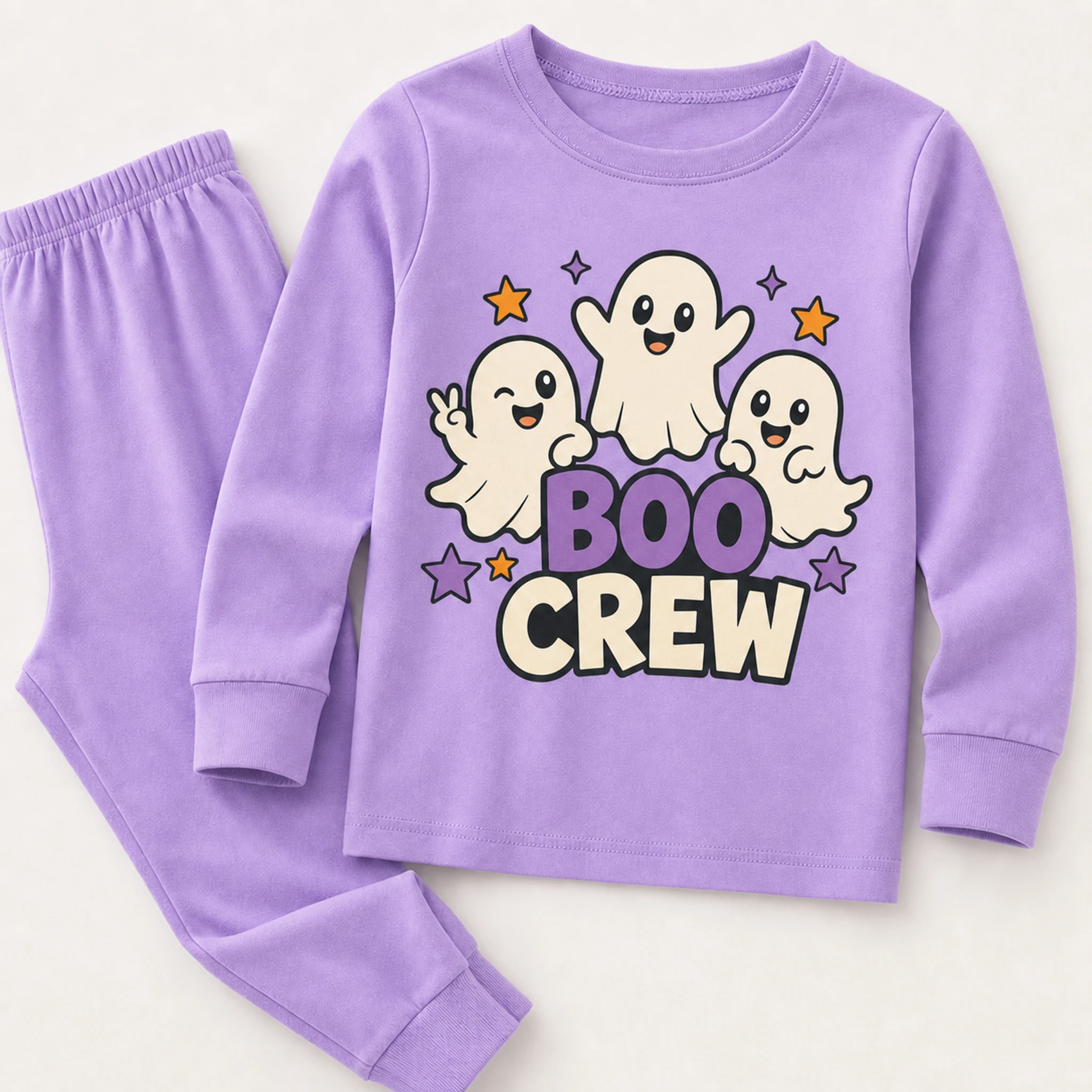 Boo Crew Custom Kids Long-Sleeve Top and Pants Set print, fabric, and construction details