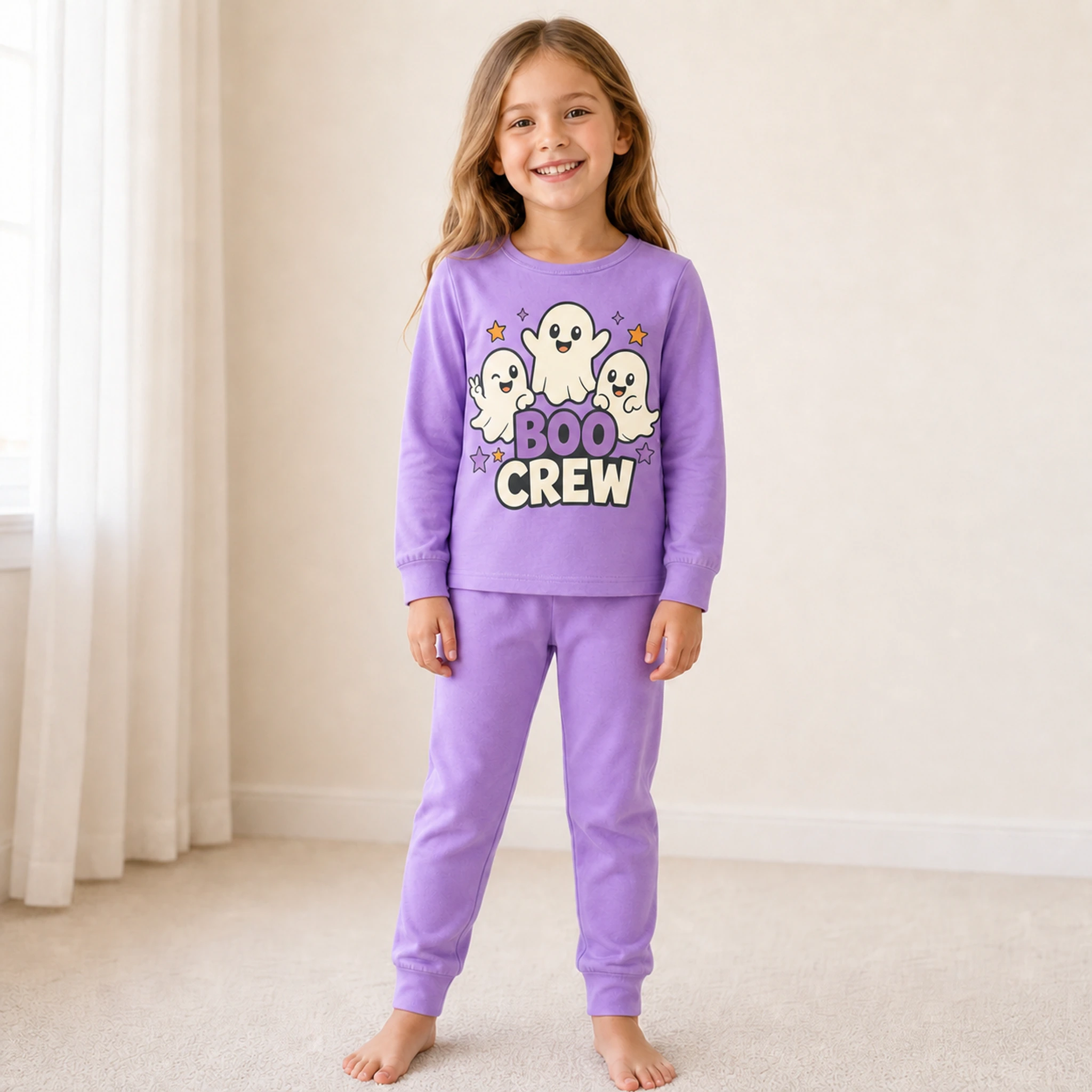 Boo Crew Custom Kids Long-Sleeve Top and Pants Set shown in a styled lifestyle setting