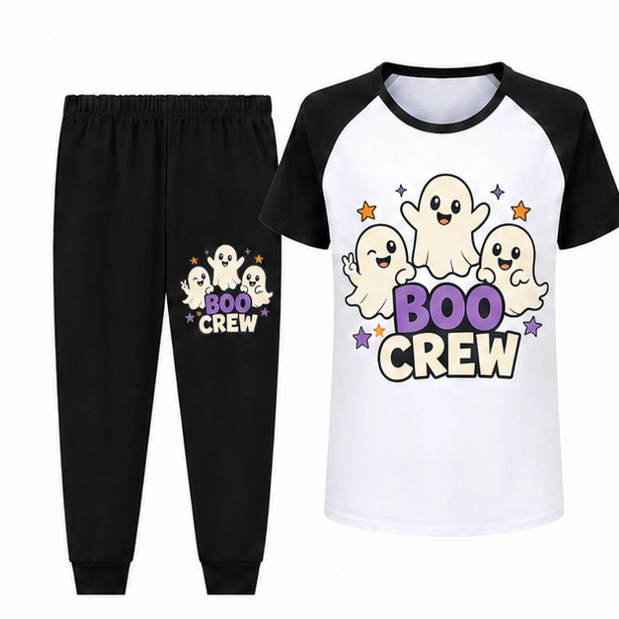 Black · Long Pants Custom Kids Short-Sleeve Top and Long Pants Sports Set with the Boo Crew design