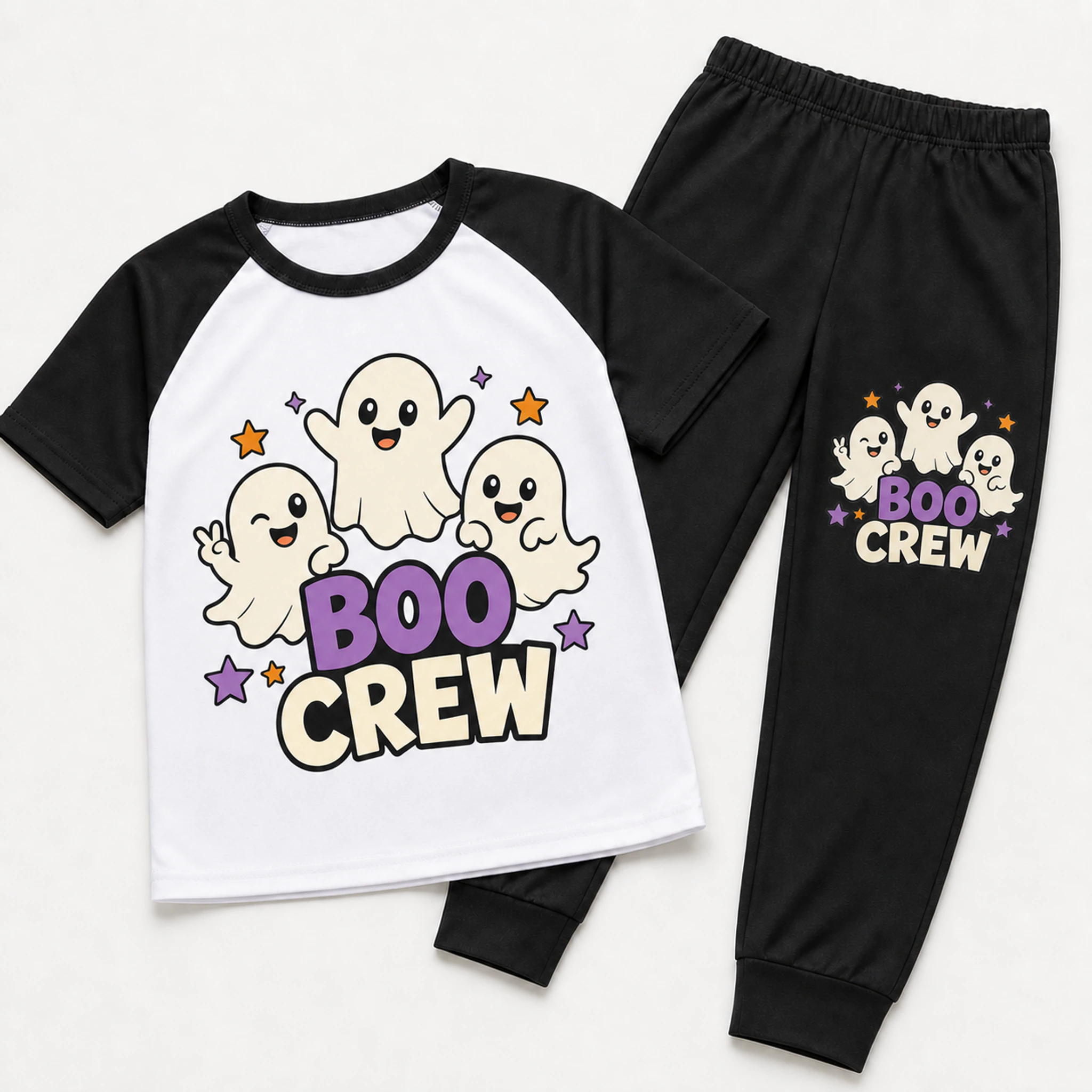 Boo Crew Custom Kids Short-Sleeve Top and Long Pants Sports Set print, fabric, and construction details
