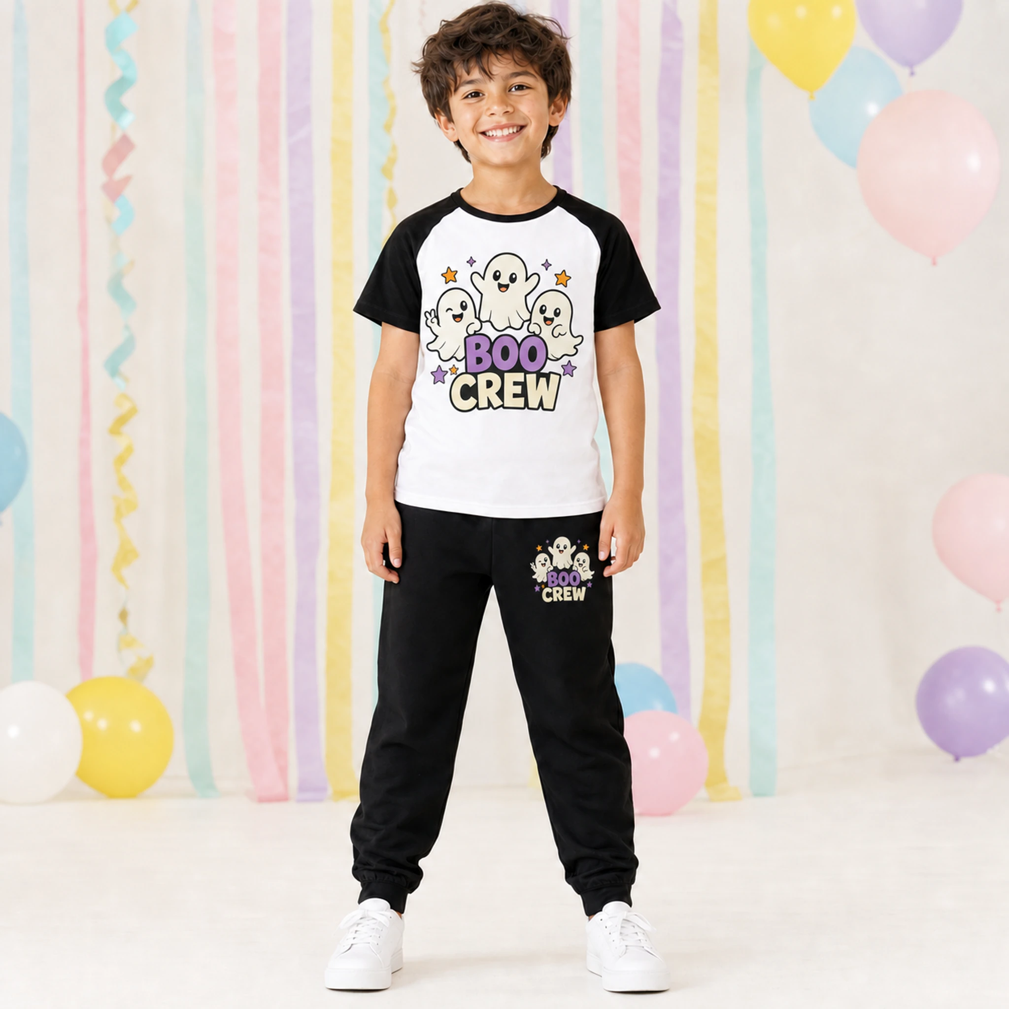 Boo Crew Custom Kids Short-Sleeve Top and Long Pants Sports Set shown in a styled lifestyle setting