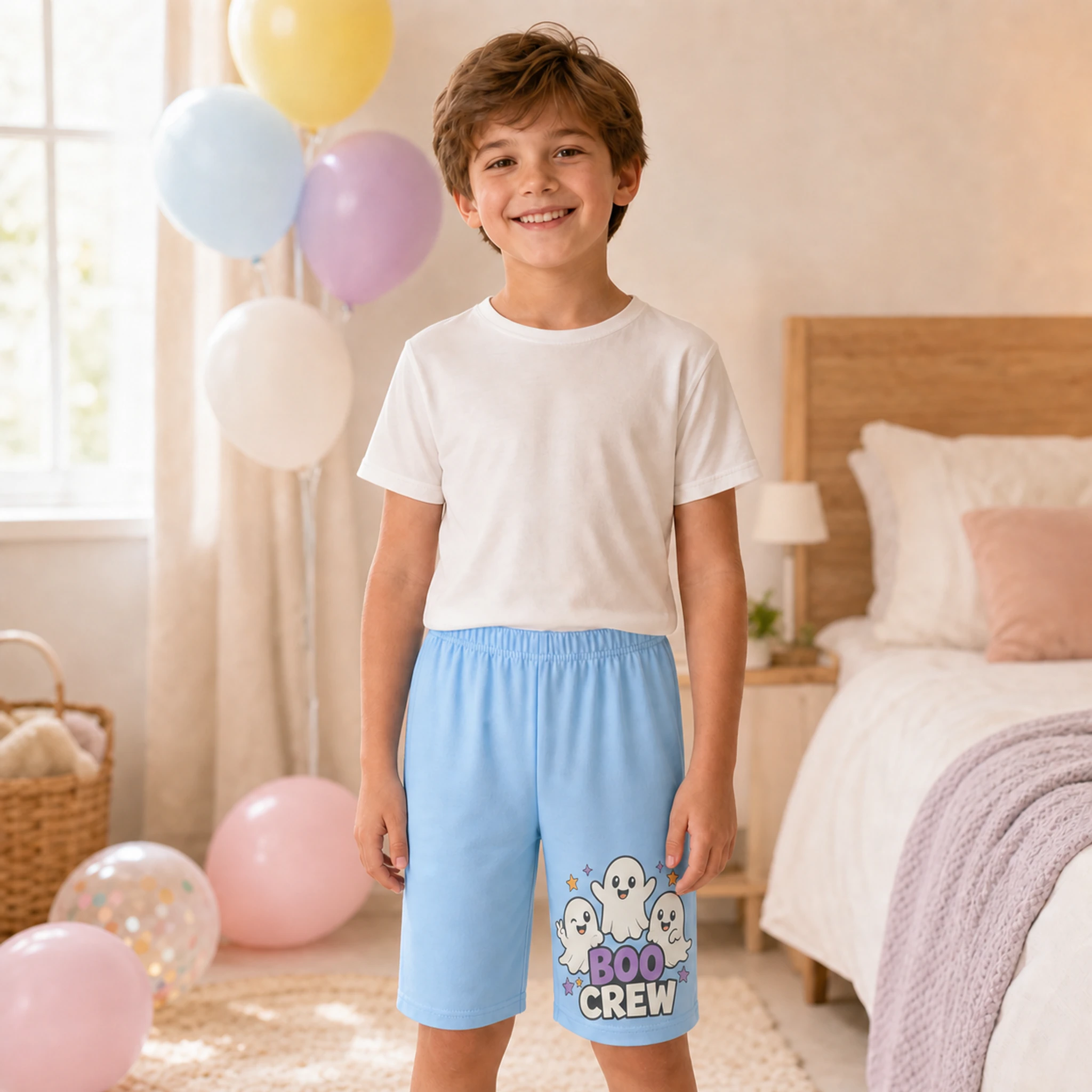 Boo Crew Custom Kids Milk-Silk Pajama Shorts shown in a styled lifestyle setting