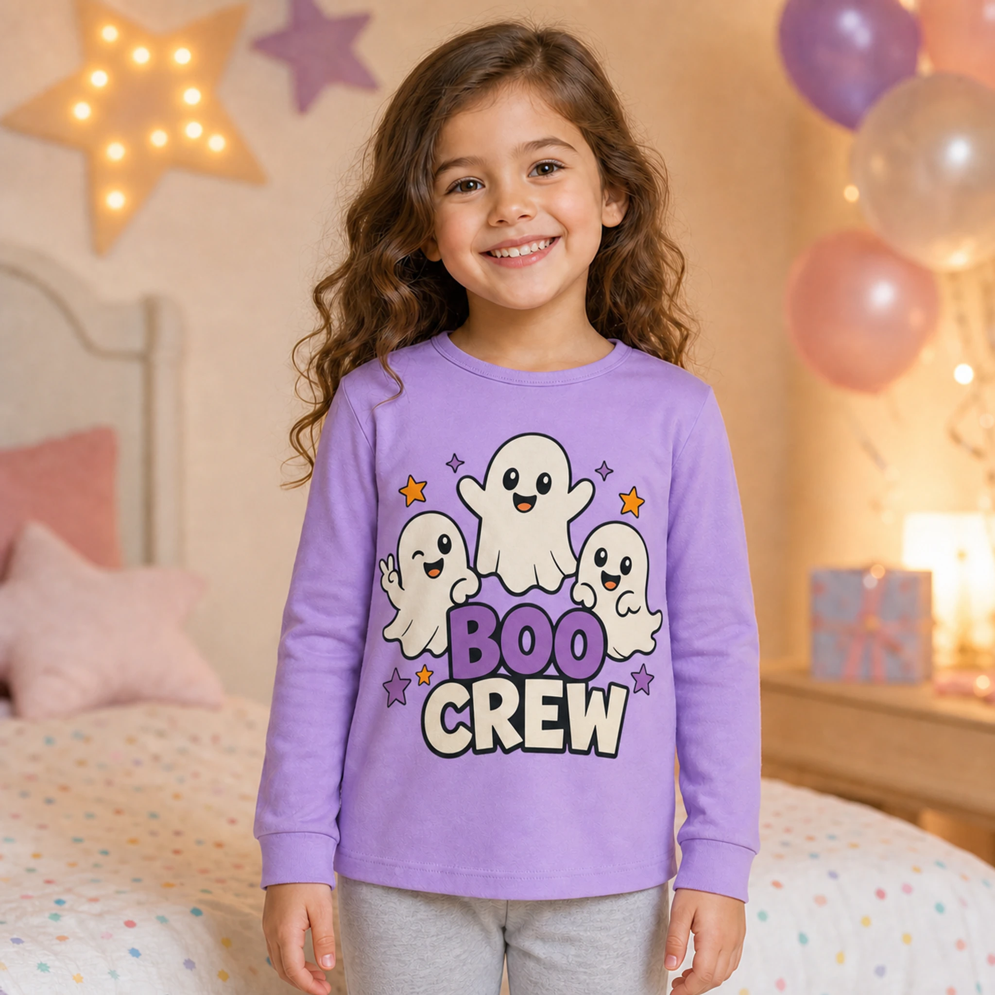 Boo Crew Custom Kids Long-Sleeve Pajama Top shown in a styled lifestyle setting