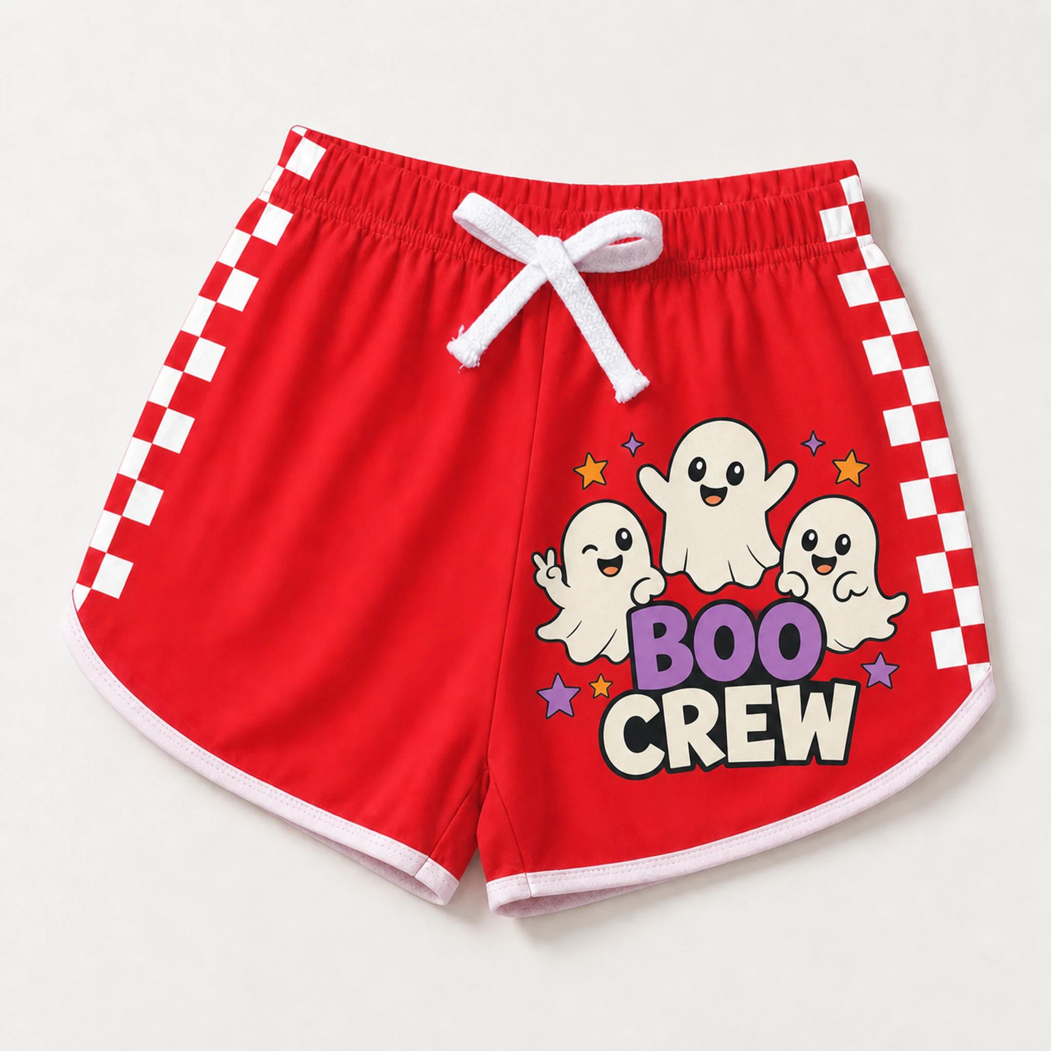 Boo Crew Custom Kids Checker-Stripe Pajama Shorts print, fabric, and construction details