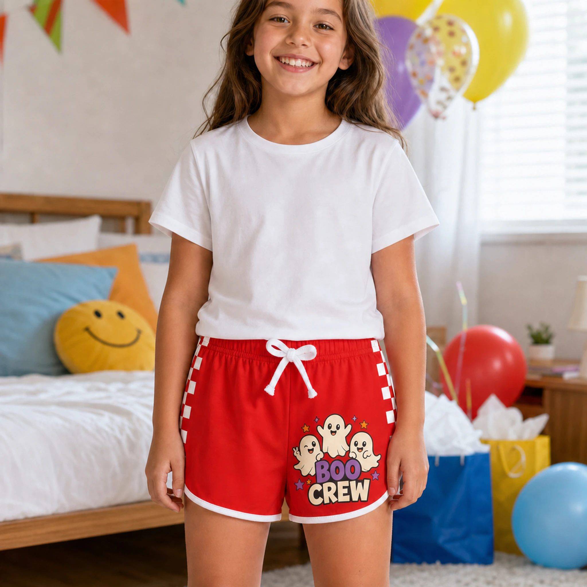 Boo Crew Custom Kids Checker-Stripe Pajama Shorts shown in a styled lifestyle setting