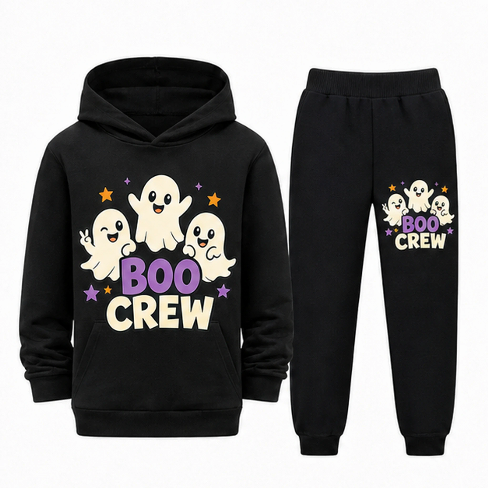Black · Set Custom Kids Pullover Hoodie and Jogger Set with the Boo Crew design