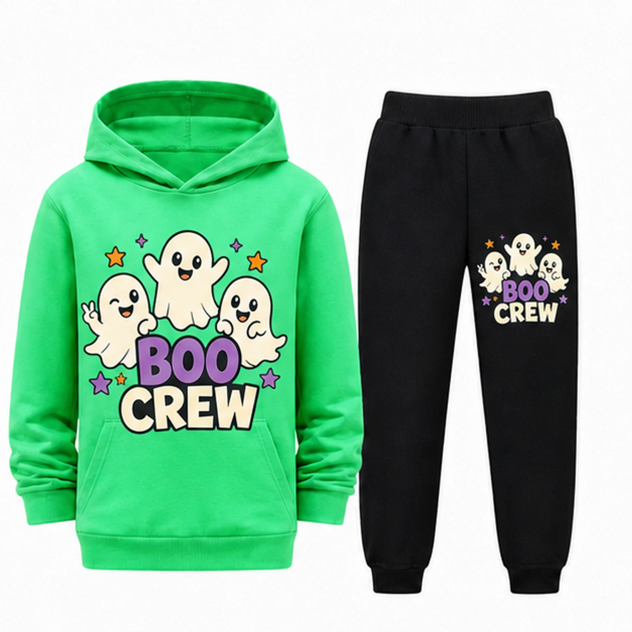Green · Set Custom Kids Pullover Hoodie and Jogger Set with the Boo Crew design