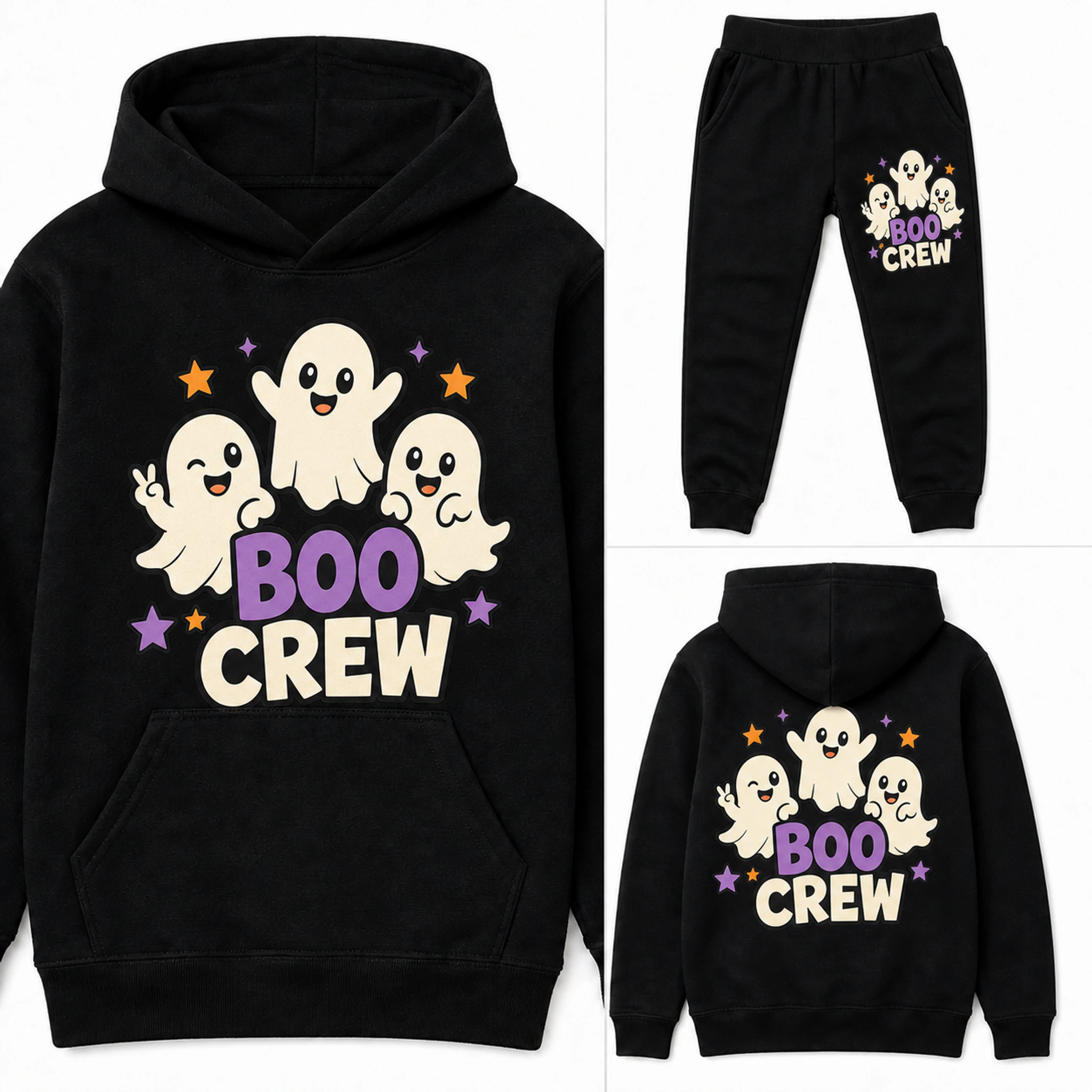 Boo Crew Custom Kids Pullover Hoodie and Jogger Set print, fabric, and construction details