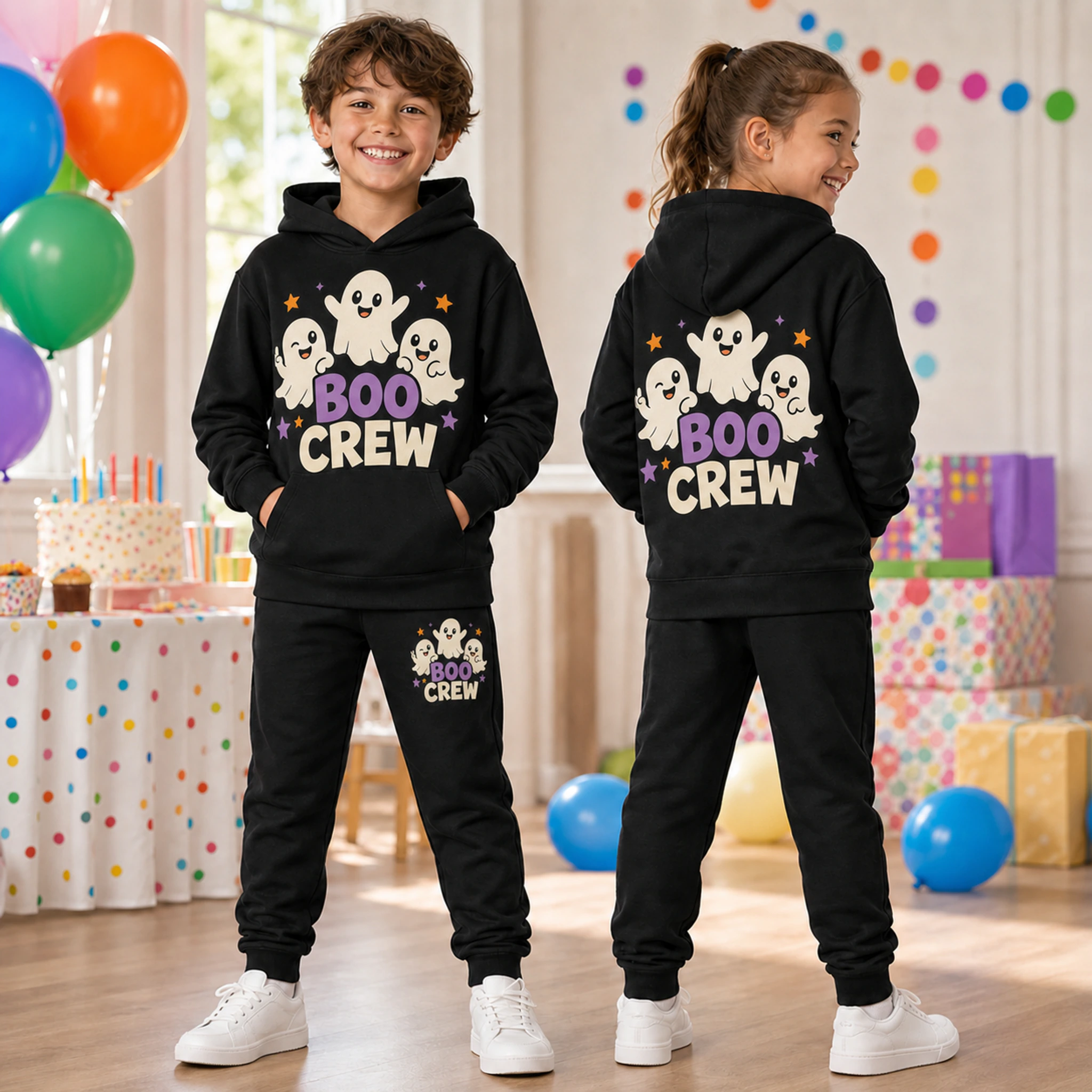 Boo Crew Custom Kids Pullover Hoodie and Jogger Set shown in a styled lifestyle setting